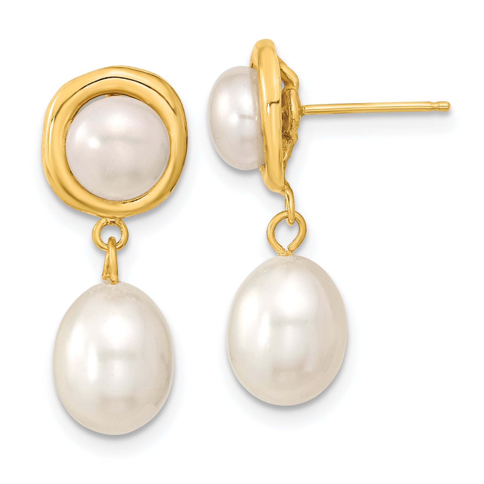 14k 5-7mm White Button/Rice Freshwater Cultured Pearl Dangle Post Earrings Main image