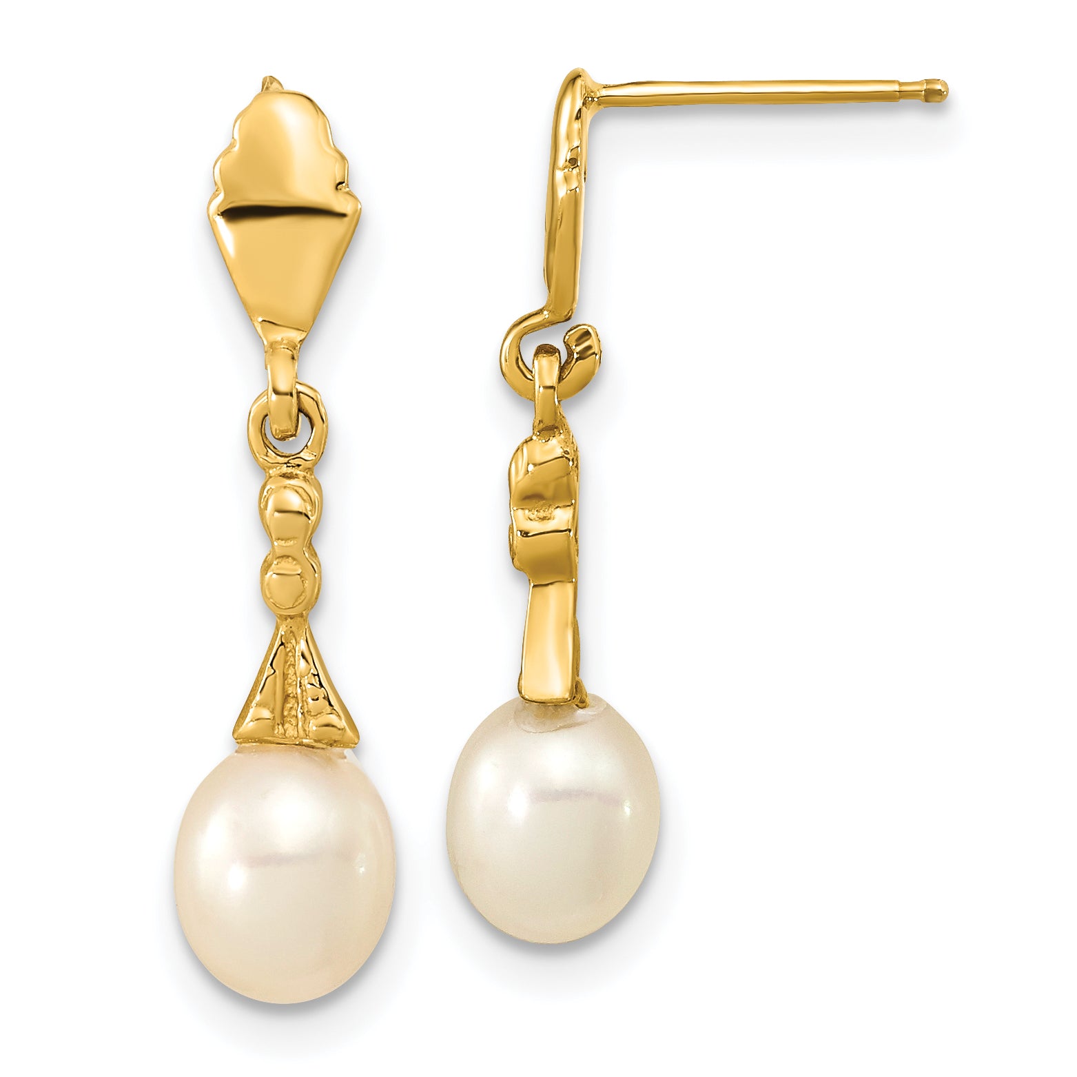 14k 5-6mm White Teardrop Freshwater Cultured Pearl Dangle Post Earrings Main image