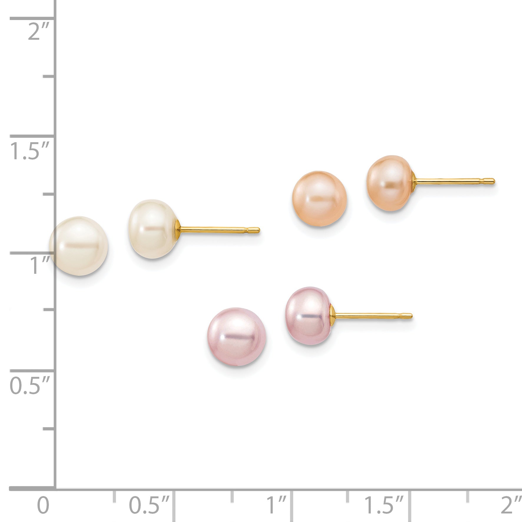 14k 6-7mm Button Freshwater Cultured Pearl Boxed 3 pair Post Earrings Set