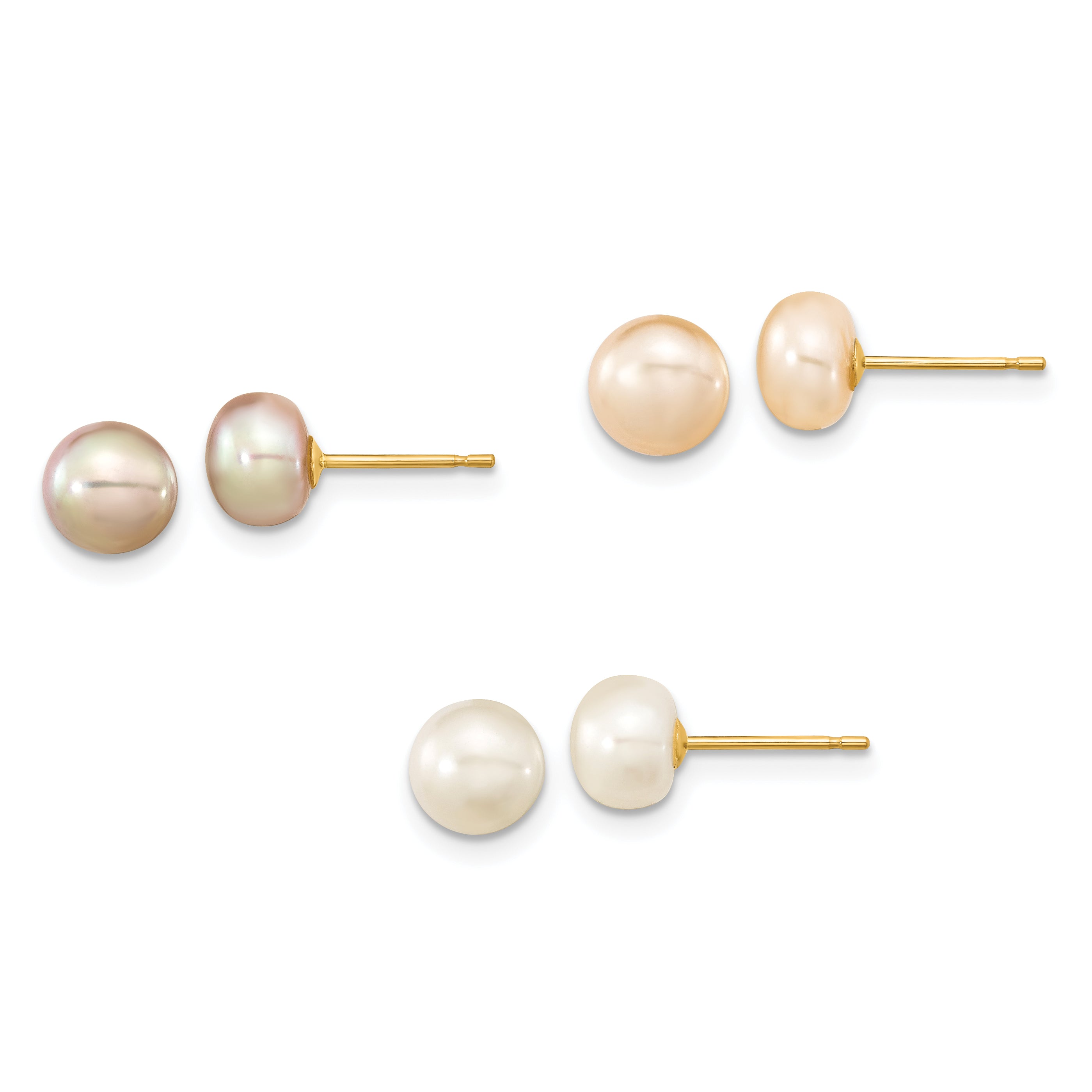 14k 6-7mm Button Freshwater Cultured Pearl Boxed 3 pair Post Earrings Set Main image