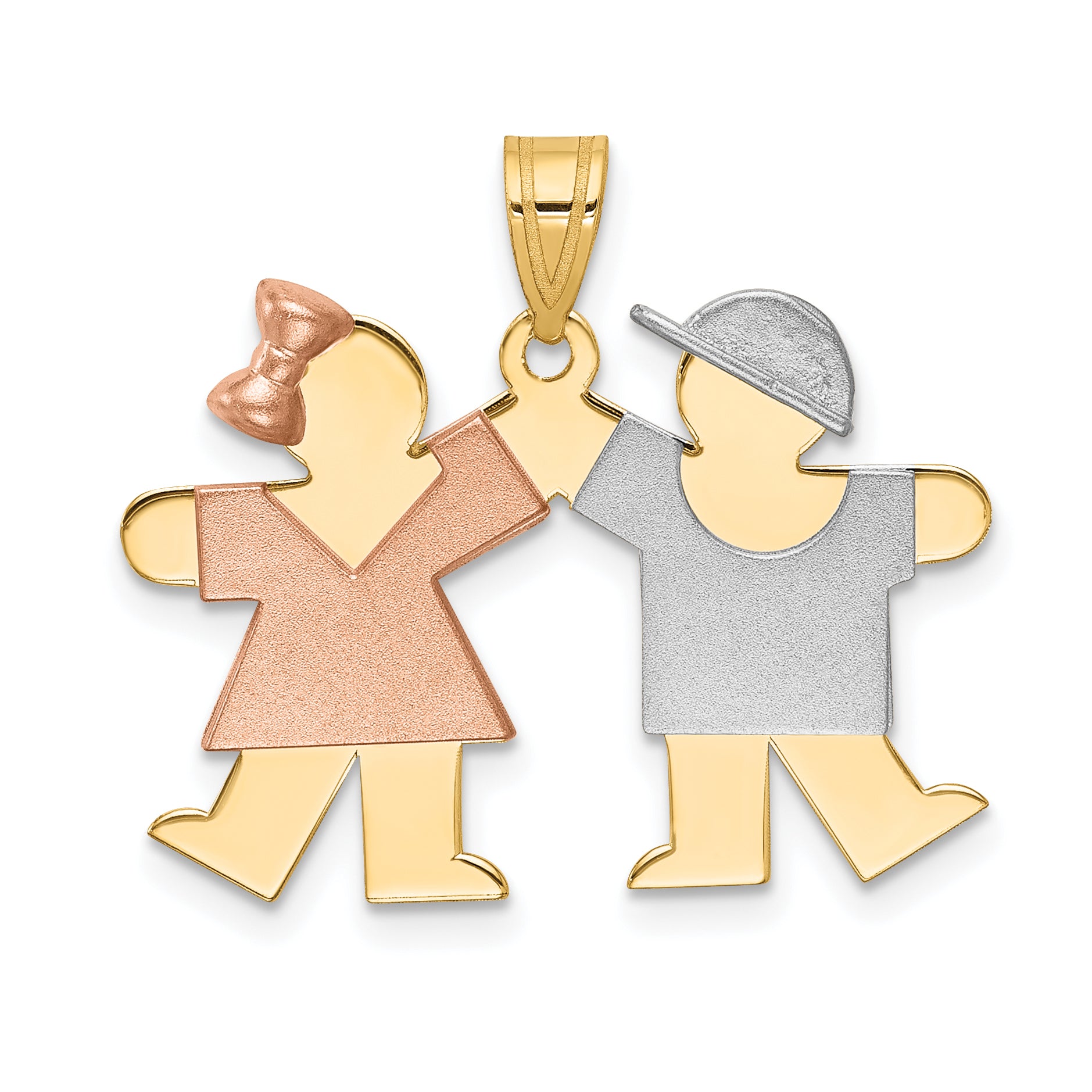 14k Tri-Color Small Girl on Left and Boy on Right Engravable Charm Main image