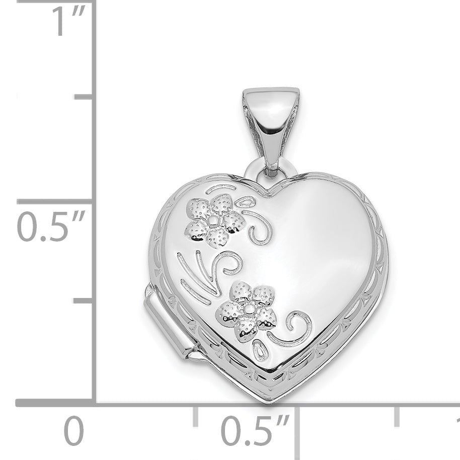 14K White Gold Polished Reversible Floral Heart Locket