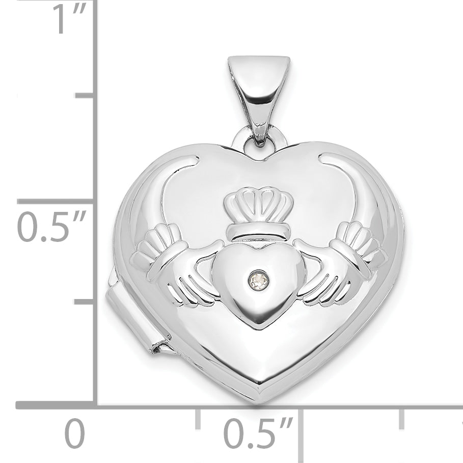 14K White Gold Diamond Heart Claddagh Locket