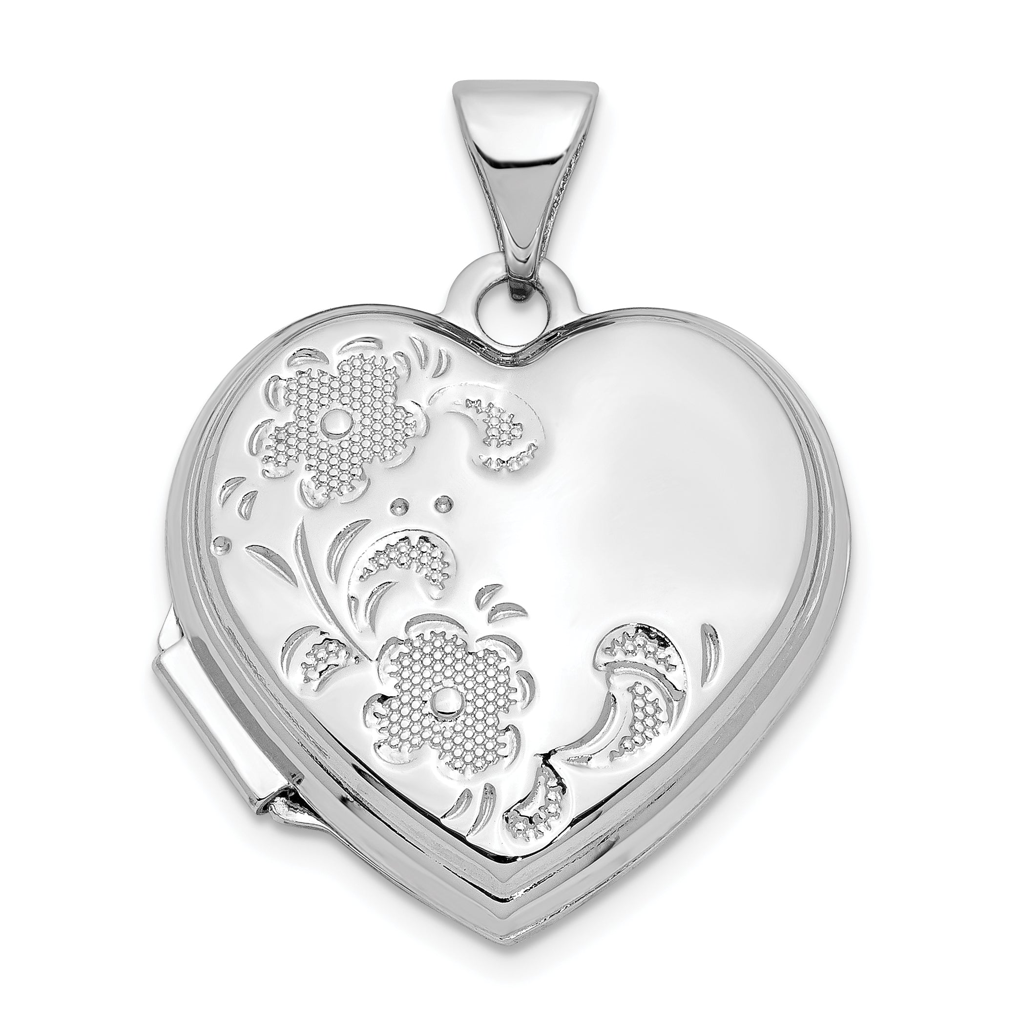 14k White Gold Polished Textured Floral Heart Locket Main image