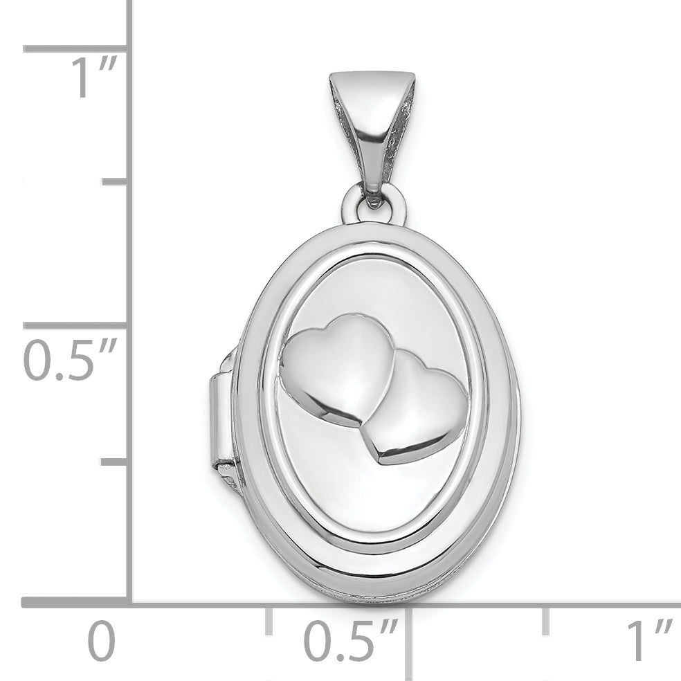14K White Gold 17mm Double Hearts Oval Locket