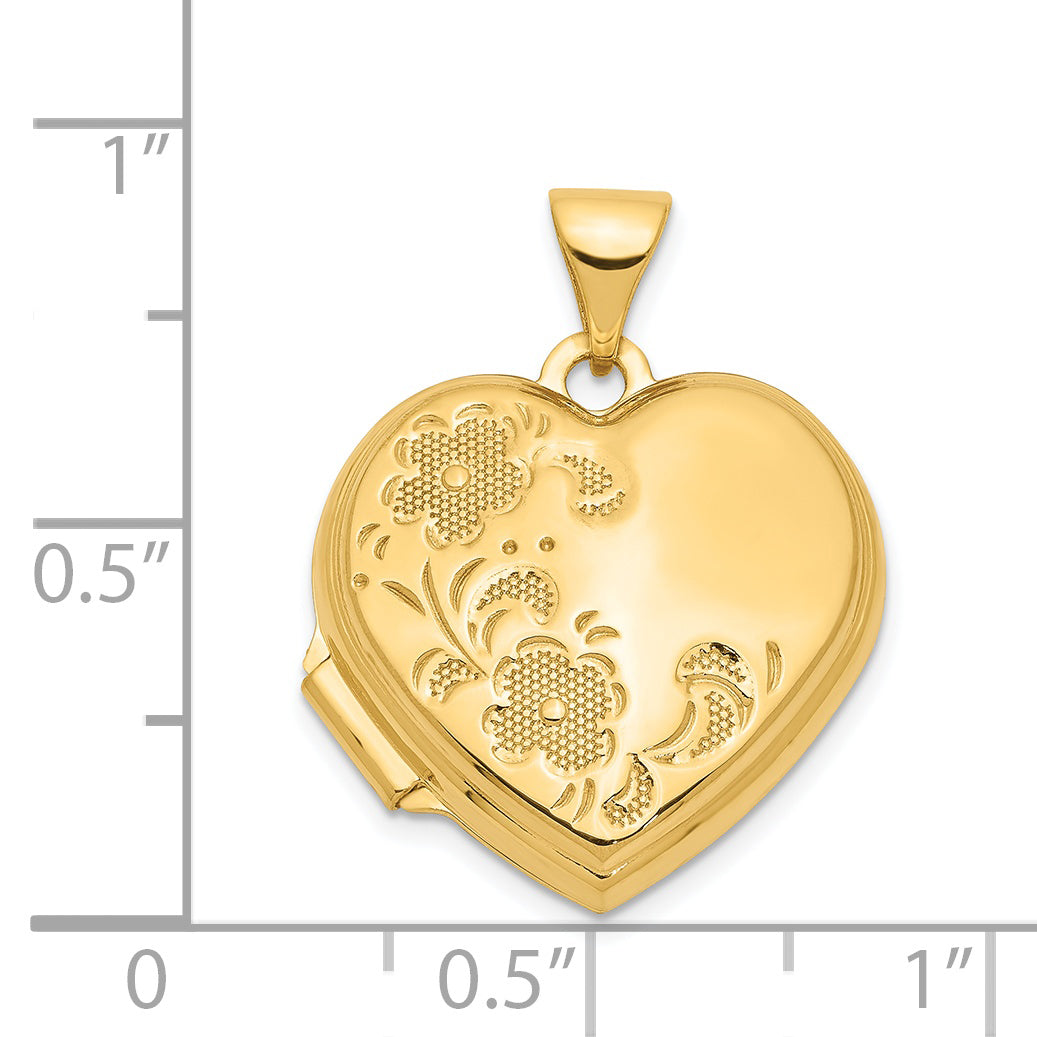 14K 18mm Polished Heart-Shaped Floral Locket