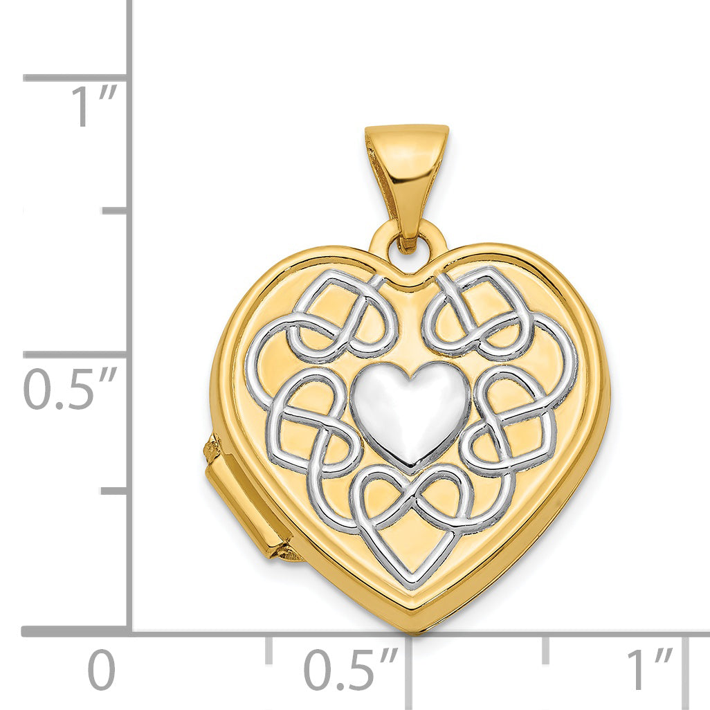 14Ky With  White Rhodium Knotted Heart of Gold Reversible Heart Locket