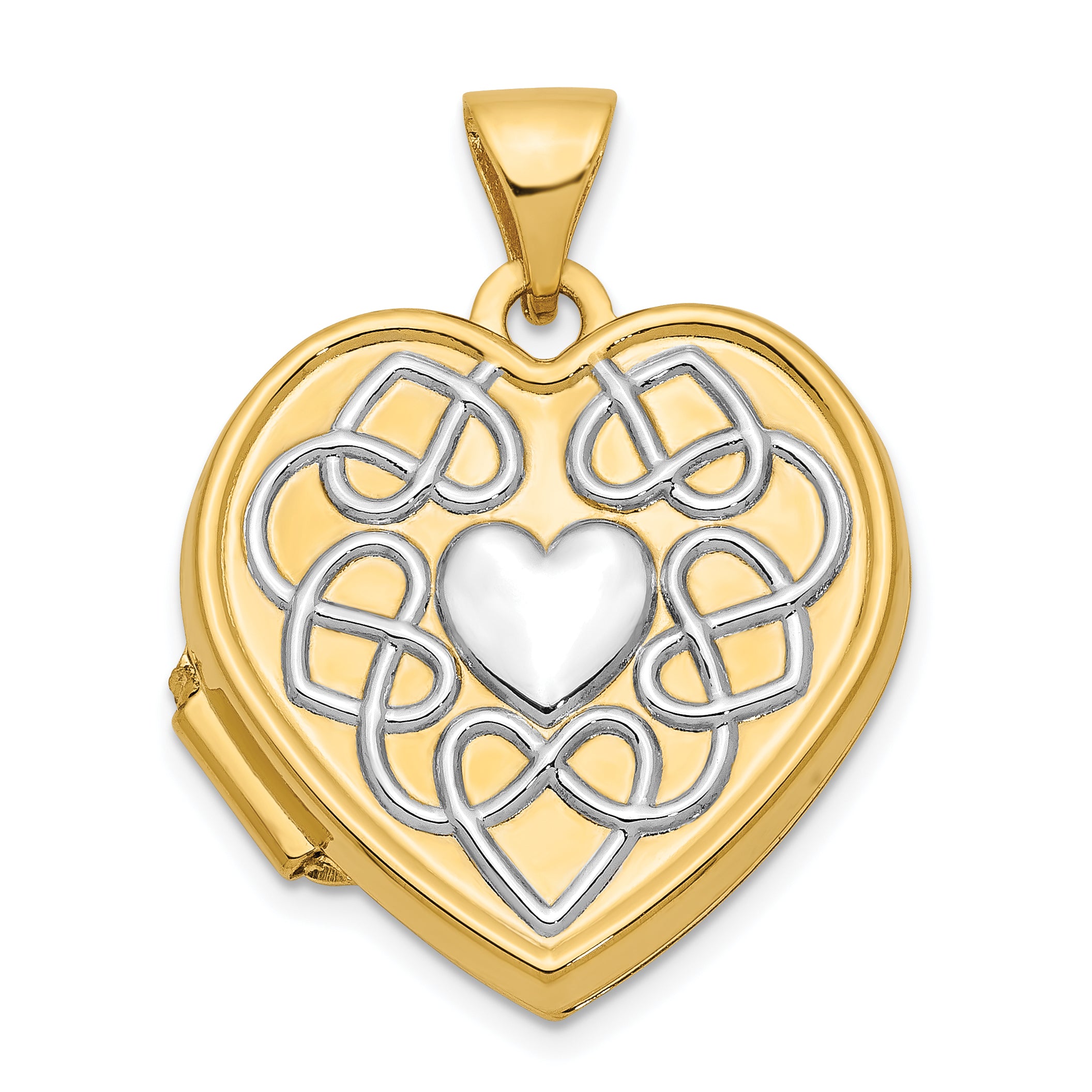 14ky w/ White Rhodium Knotted Heart of Gold Reversible Heart Locket