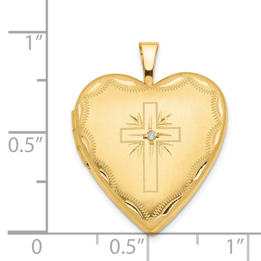 14Ky 20mm Diamond Satin & Diamond Cut  Cross Heart Locket