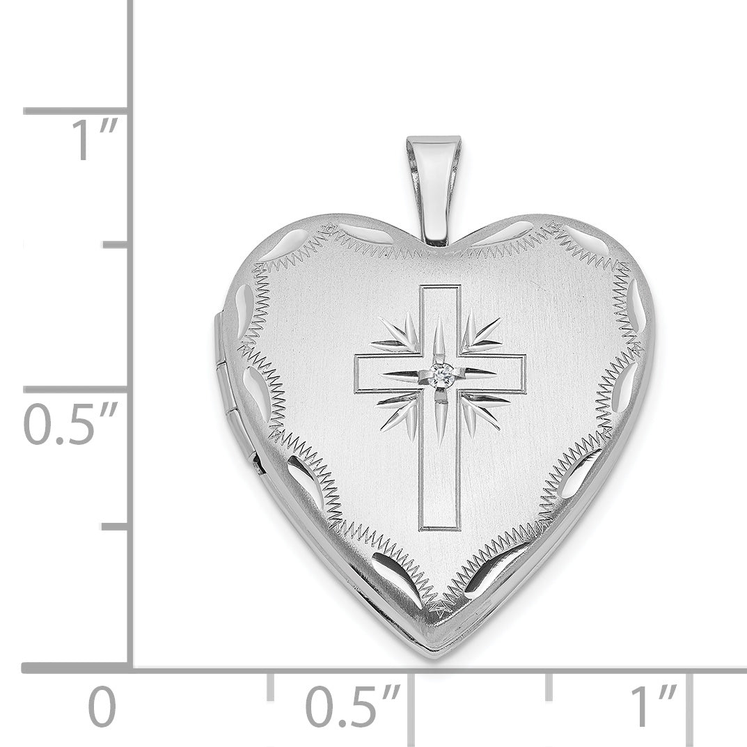 14K White Gold 20mm Diamond Satin & Diamond Cut  Cross Heart Locket