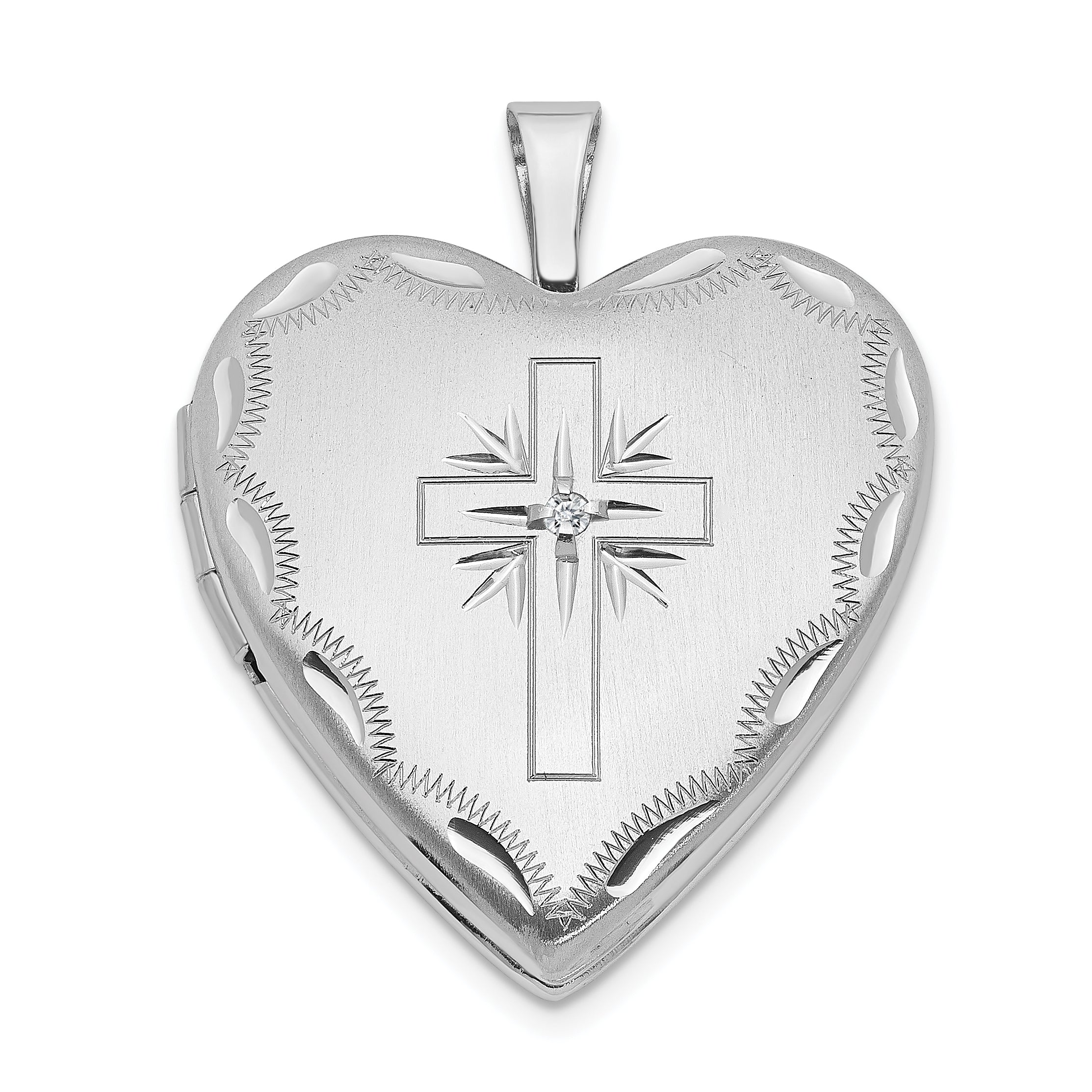 14k White Gold 20mm Diamond Satin & D/C Cross Heart Locket Main image
