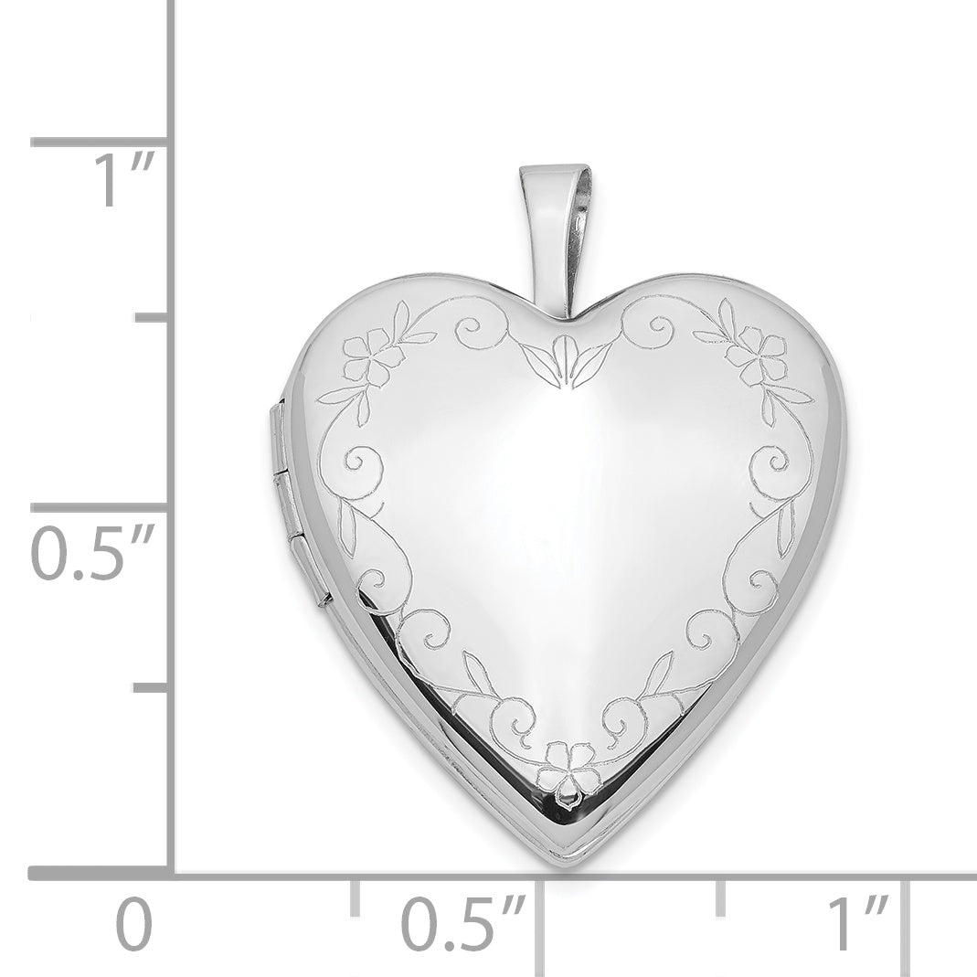 14K 20mm White Gold Flower Vine Border Heart Locket