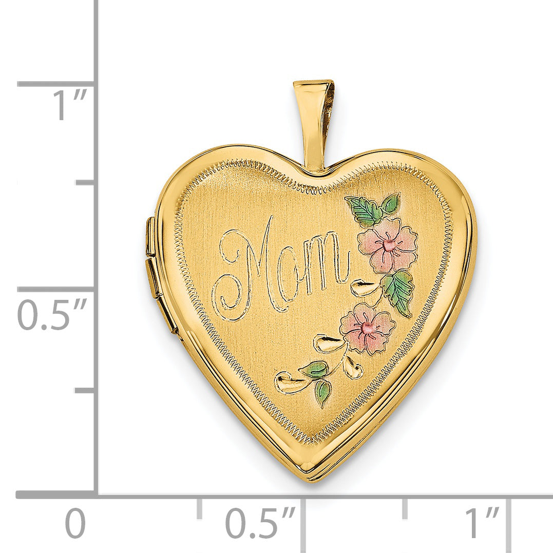 14Ky 20mm Enameled Floral MOM Heart Locket
