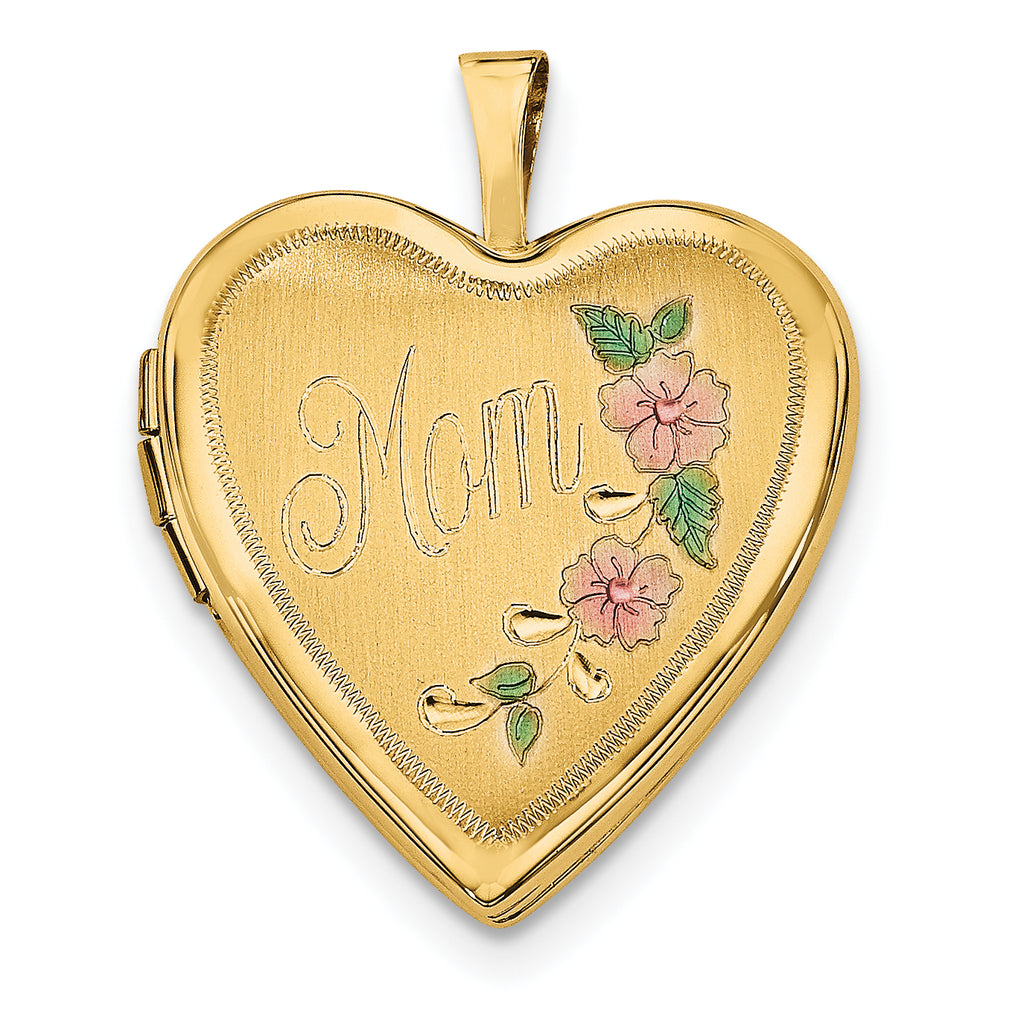 14ky 20mm Enameled Floral MOM Heart Locket