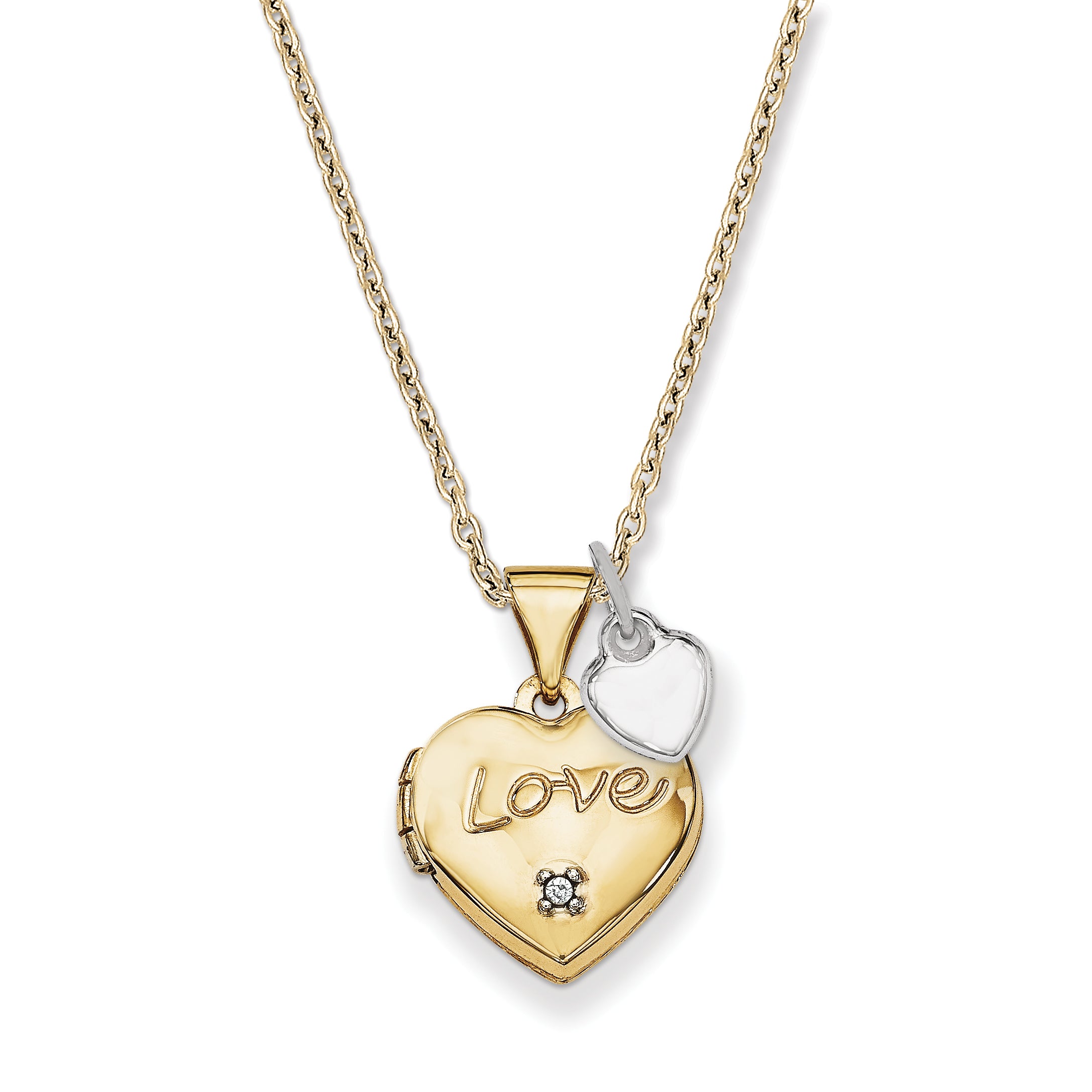 14K Two-toned 12mm Diamond LOVE With Heart Charm Heart Locket