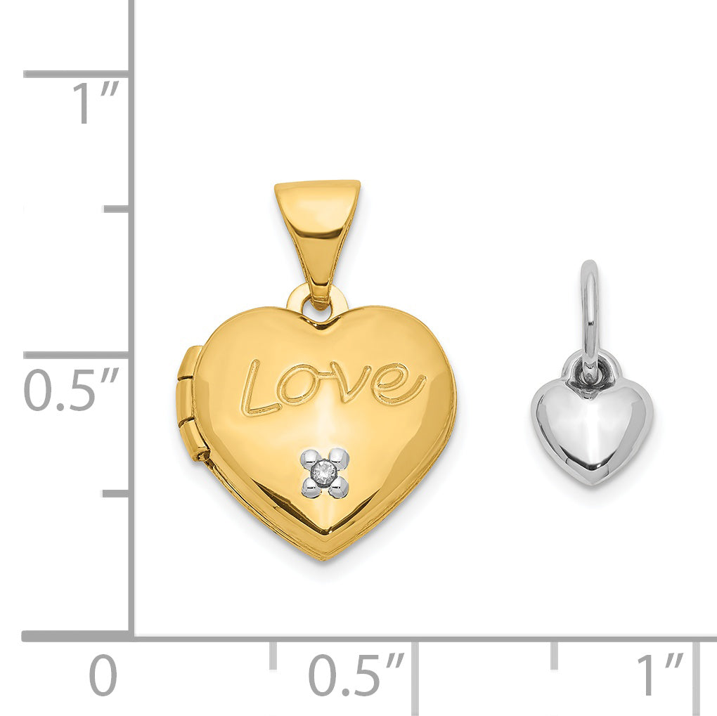 14K Two-toned 12mm Diamond LOVE With Heart Charm Heart Locket