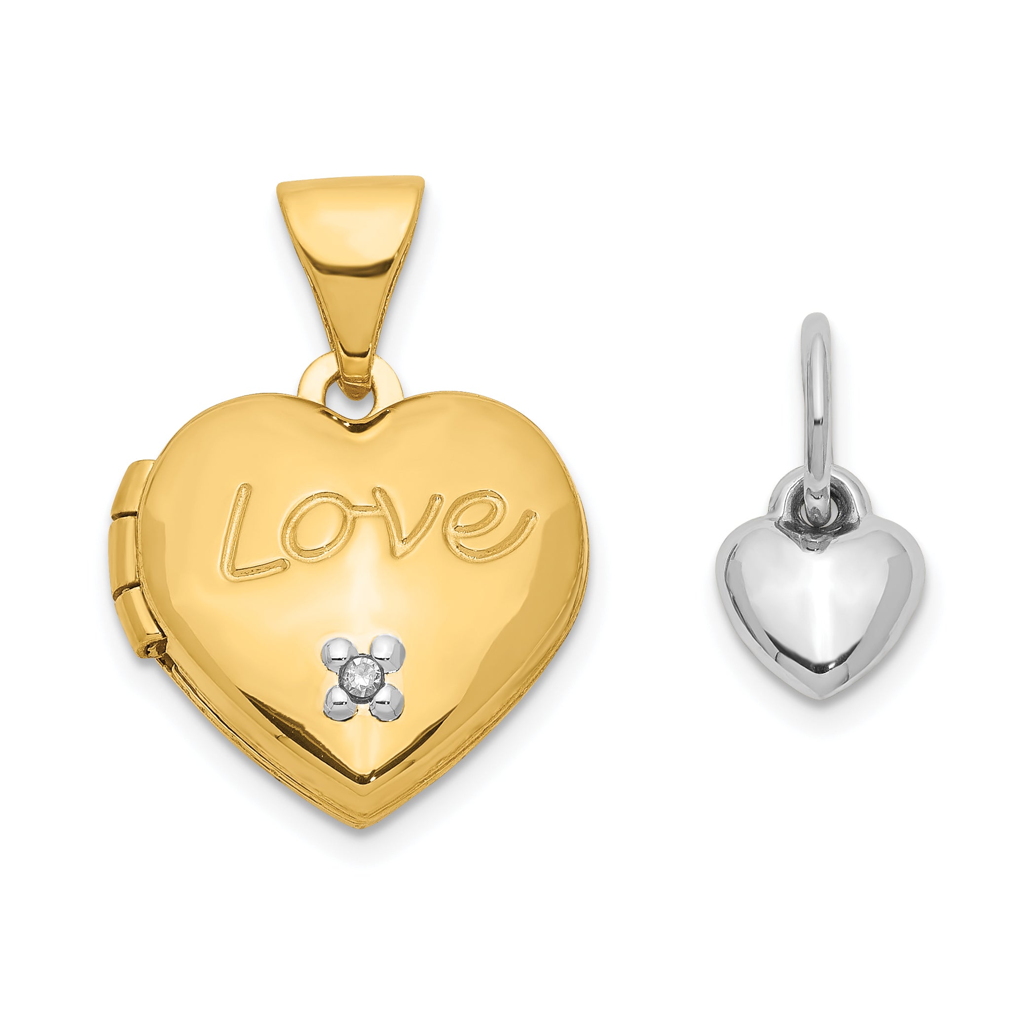 14k Two-toned 12mm Diamond LOVE w/Heart Charm Heart Locket