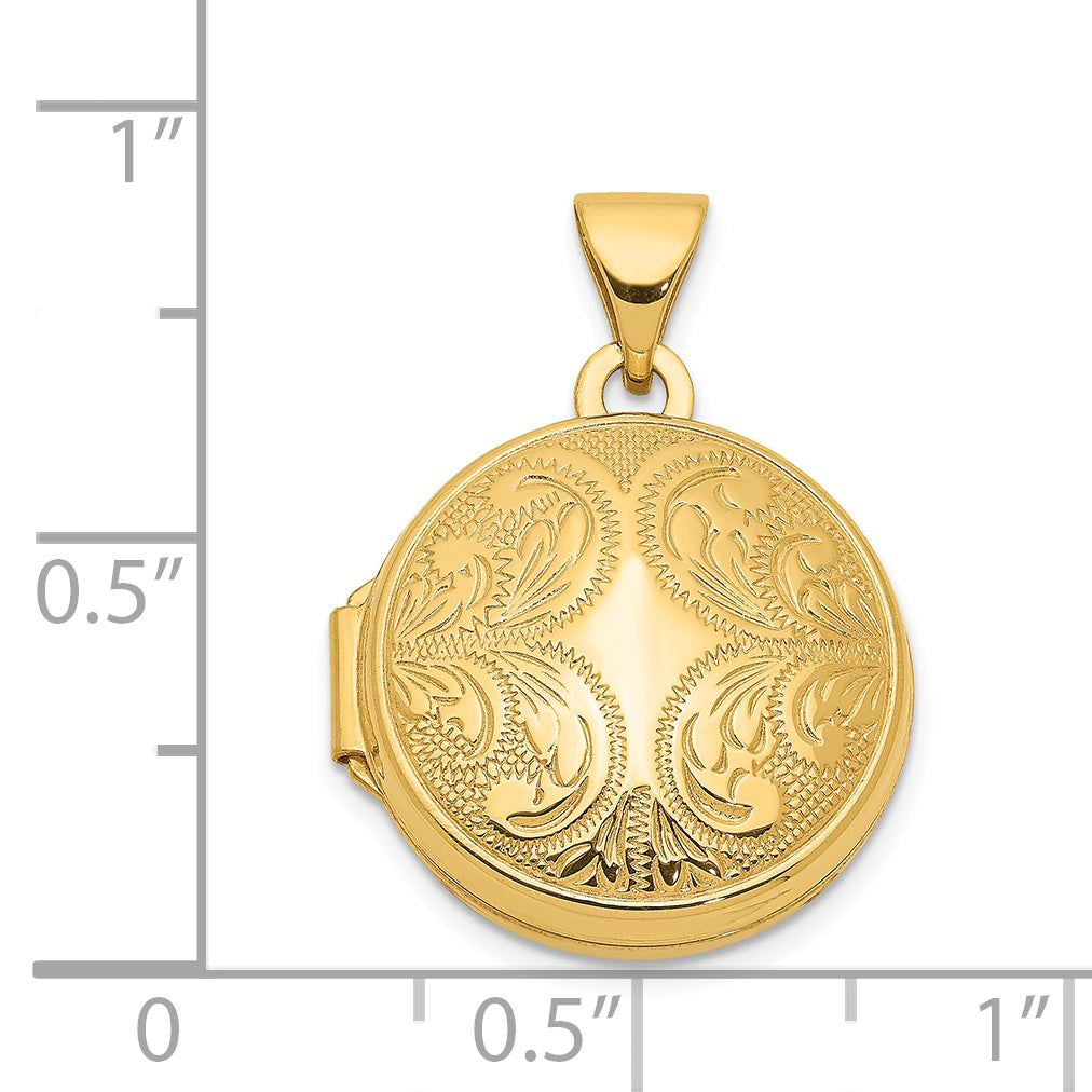 14K 16mm Round Locket with Scroll Design