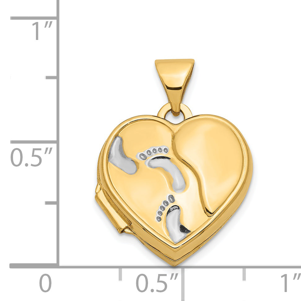 14Ky With  White Rhodium 15mm Heart Foot Prints Locket