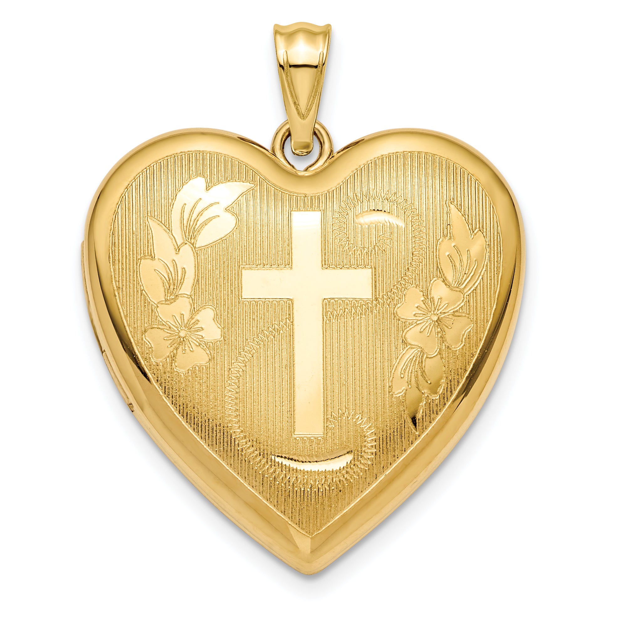 14k Textured & D/C Floral Cross Ash Holder Heart Locket