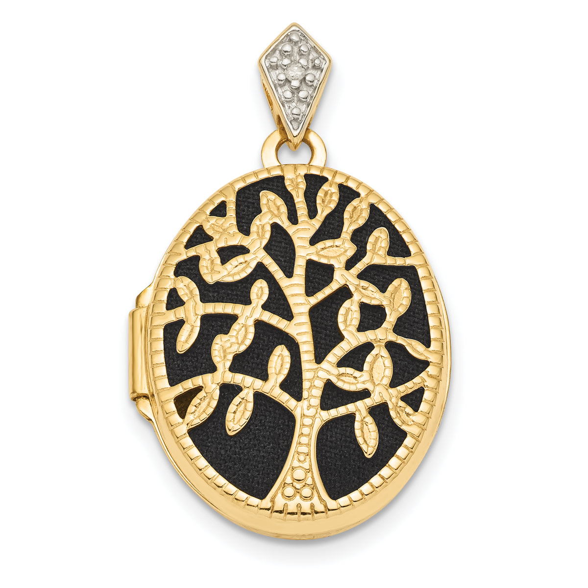 14k Polished & Textured Diamond Tree w/ Black Fabric Oval Locket