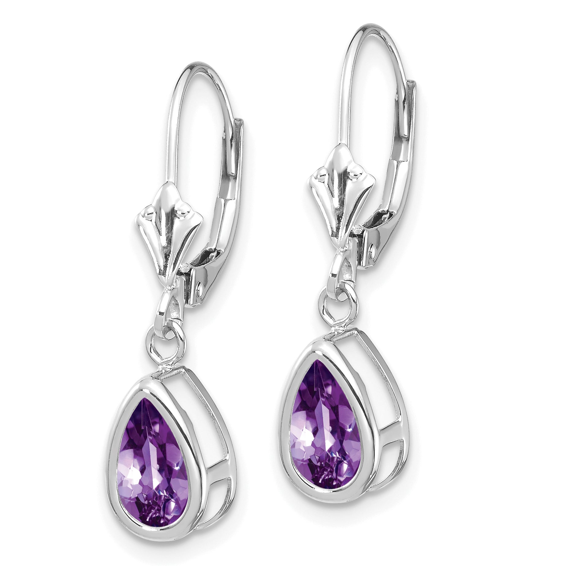 14k White Gold 8x5mm Pear Amethyst Leverback Earrings Secondary image