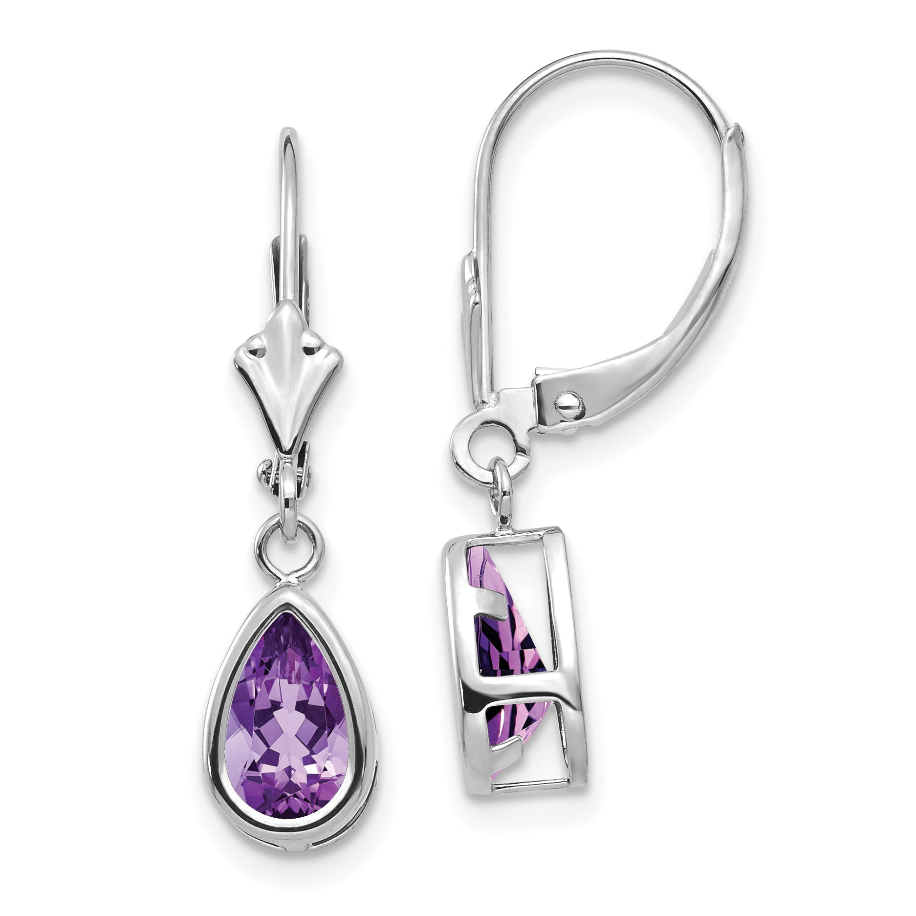 14k White Gold 8x5mm Pear Amethyst Leverback Earrings Main image