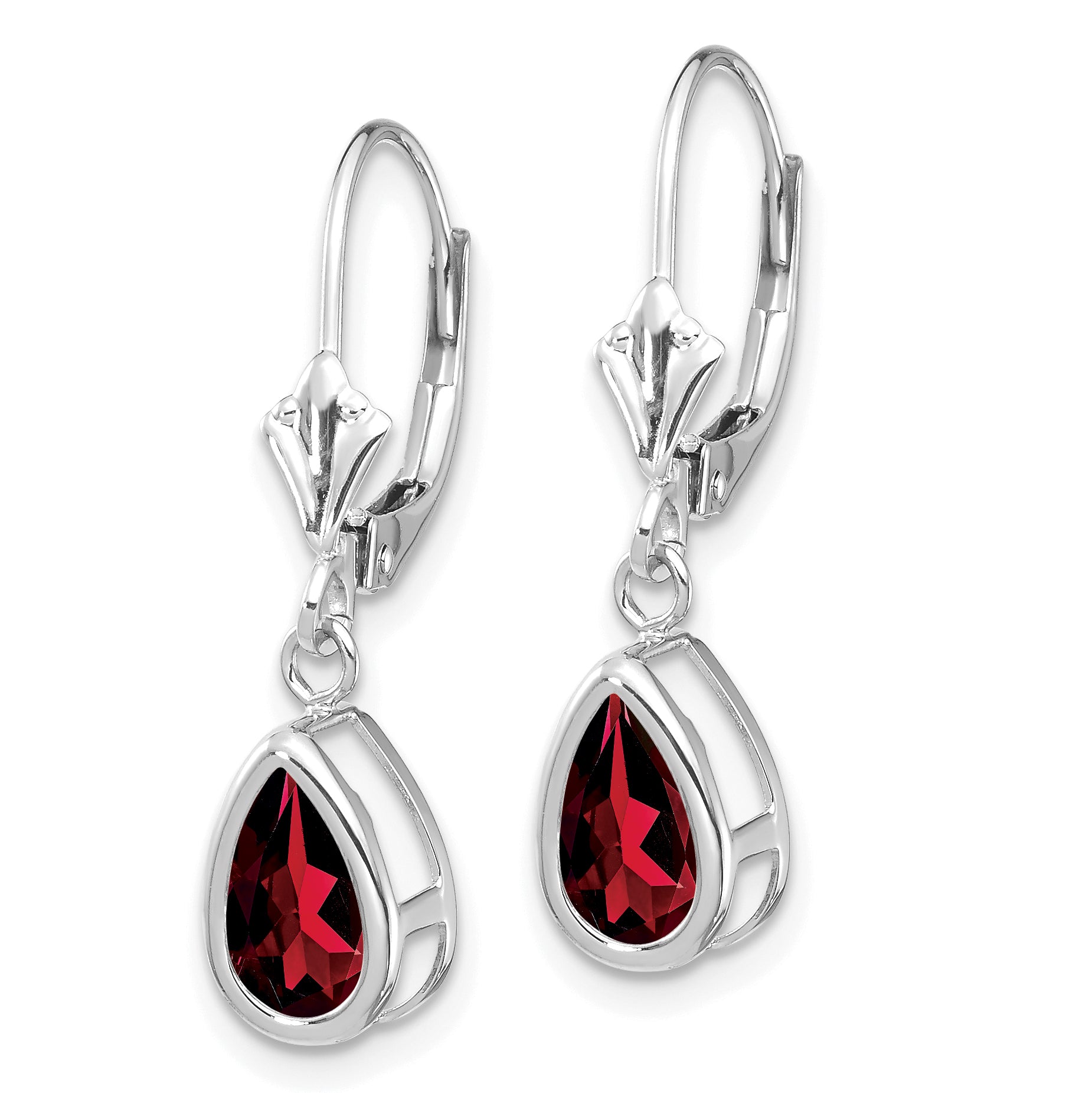 14k White Gold 8x5mm Pear Garnet Leverback Earrings Secondary image