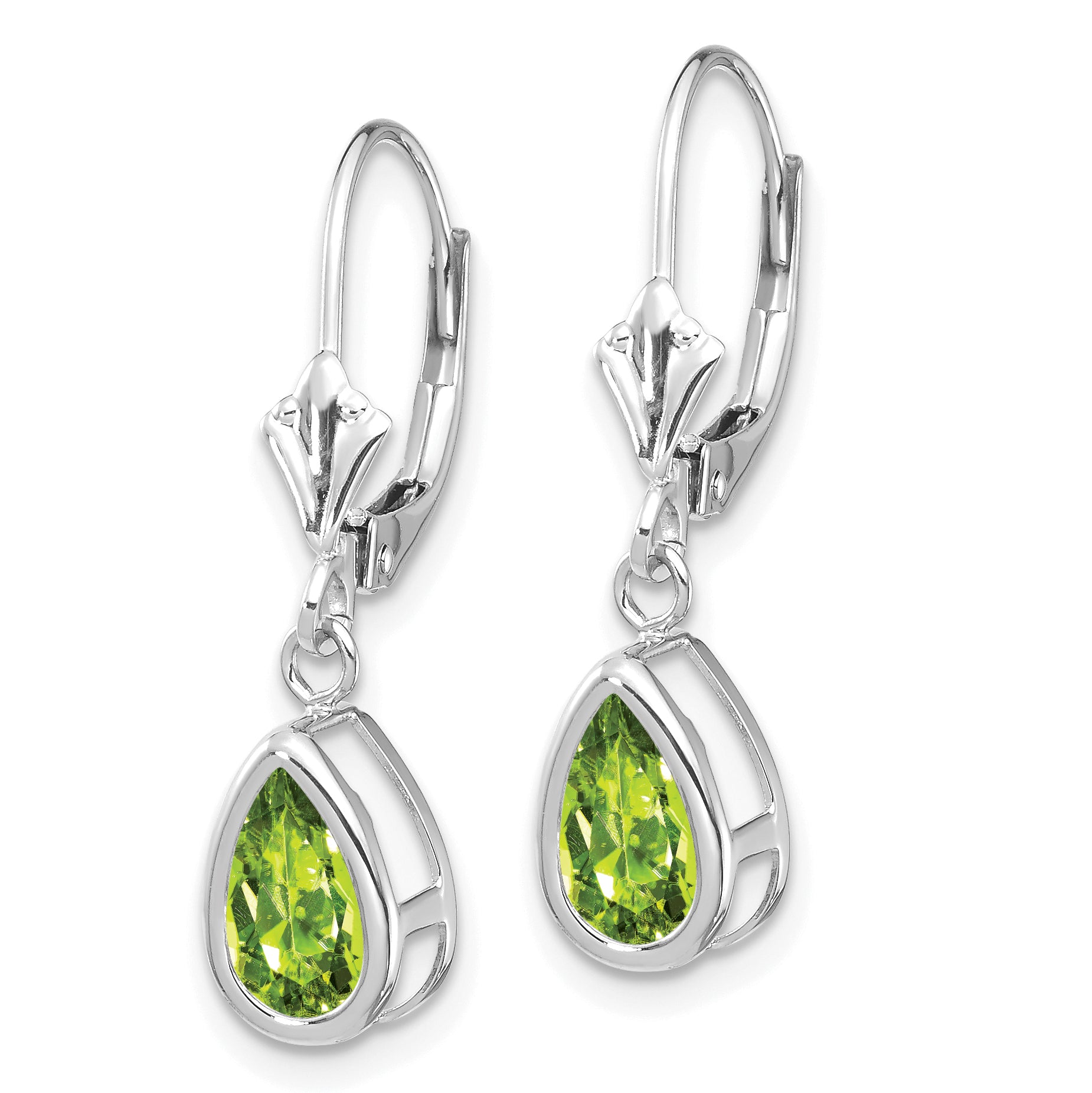 14k White Gold 8x5mm Pear Peridot Leverback Earrings Secondary image