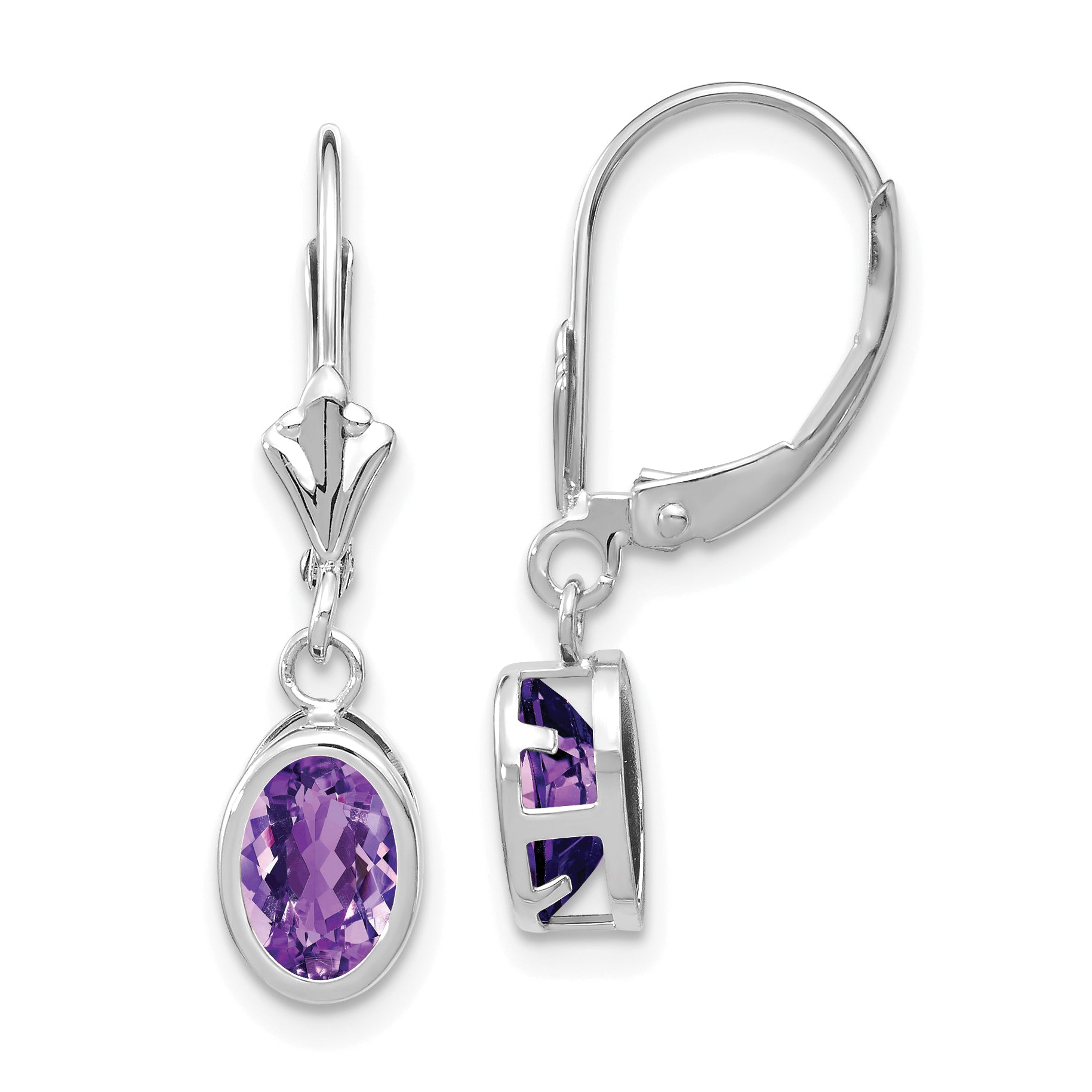 14k White Gold 7x5mm Oval Amethyst Leverback Earrings Main image