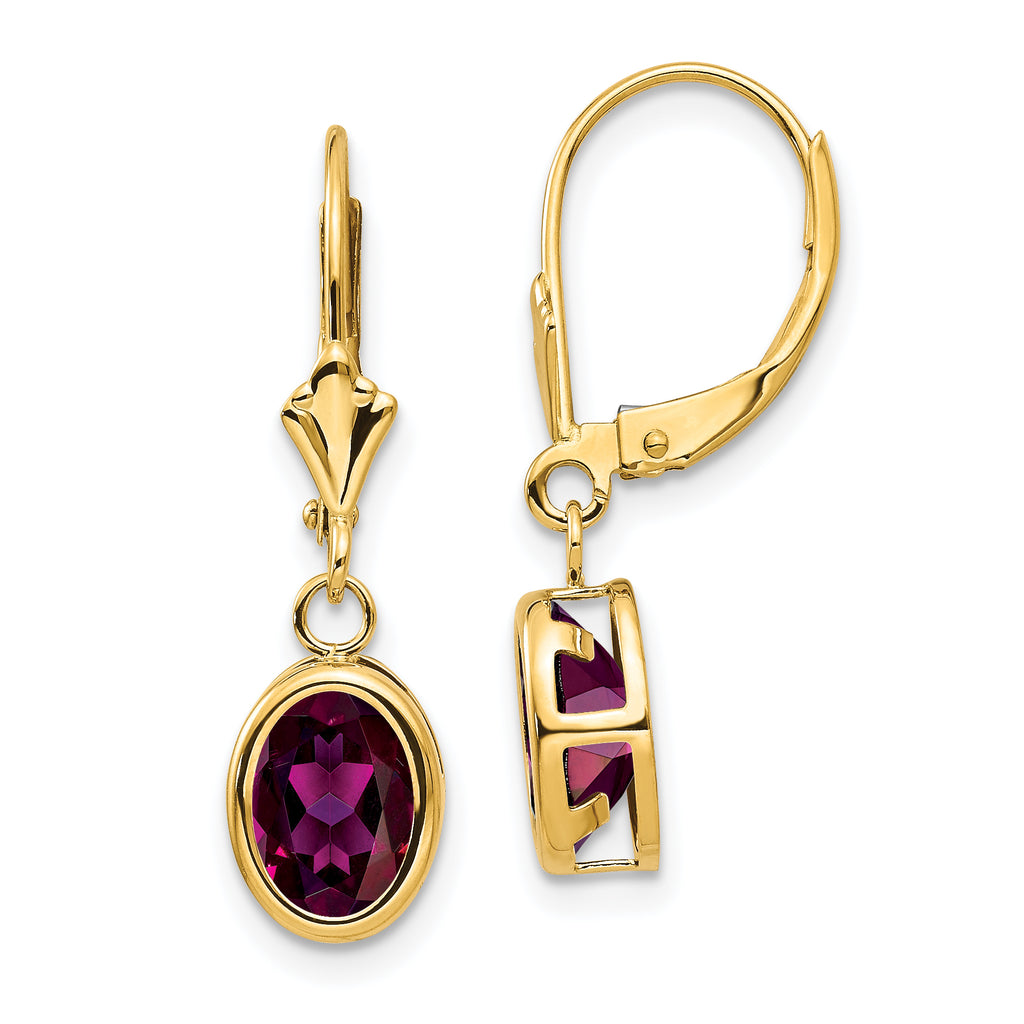 14k 8x6mm Oval Rhodolite Garnet Leverback Earrings