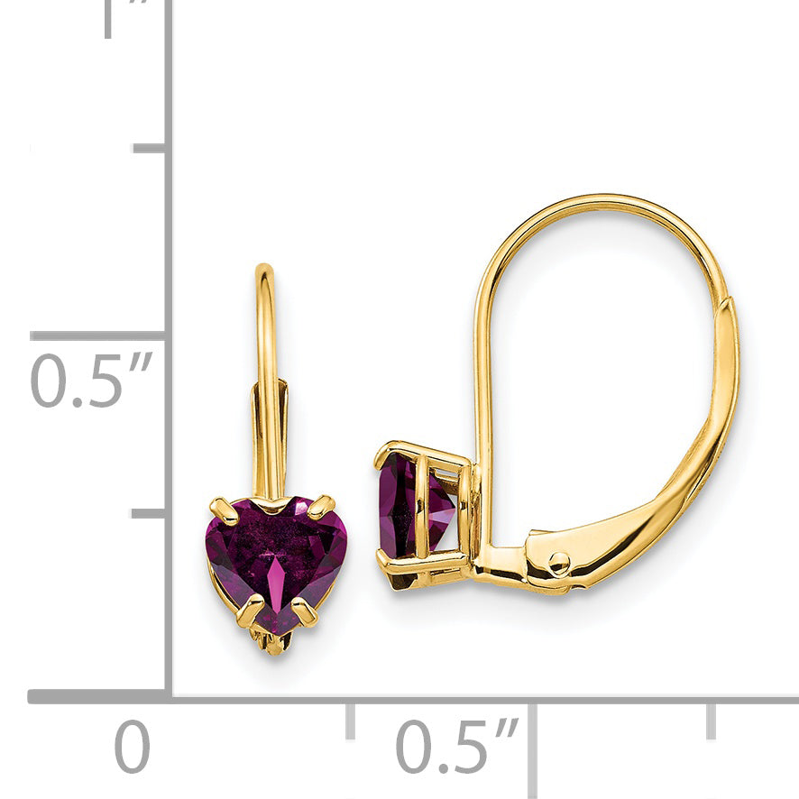 14k 5mm Heart Rhodolite Garnet Leverback Earrings