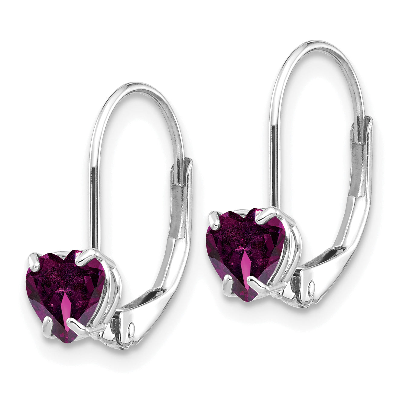 14k White Gold 5mm Heart Rhodolite Garnet Leverback Earrings