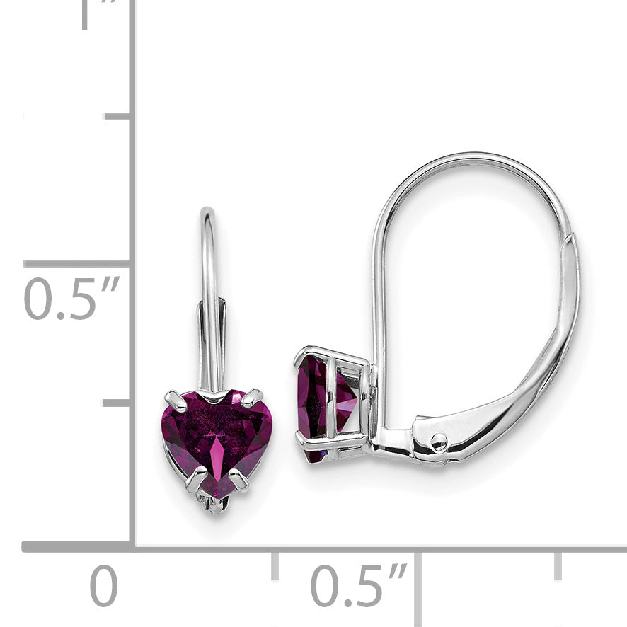 14k White Gold 5mm Heart Rhodolite Garnet Leverback Earrings