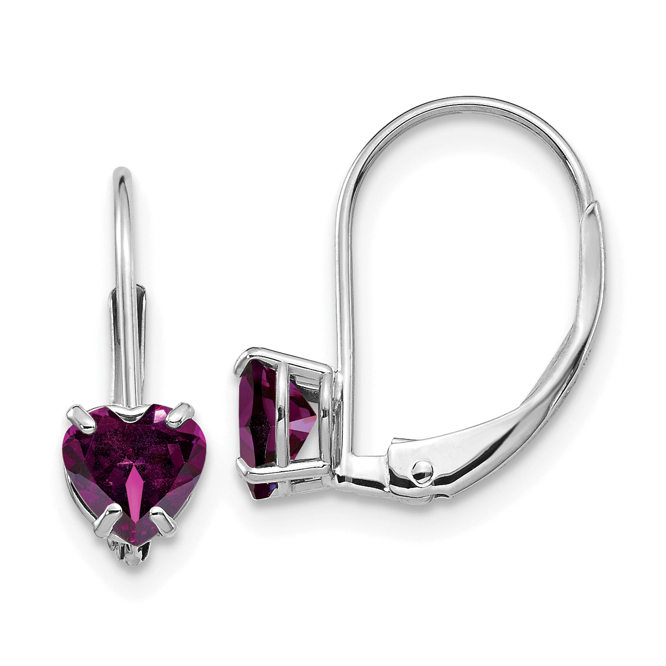 14k White Gold 5mm Heart Rhodolite Garnet Leverback Earrings Main image