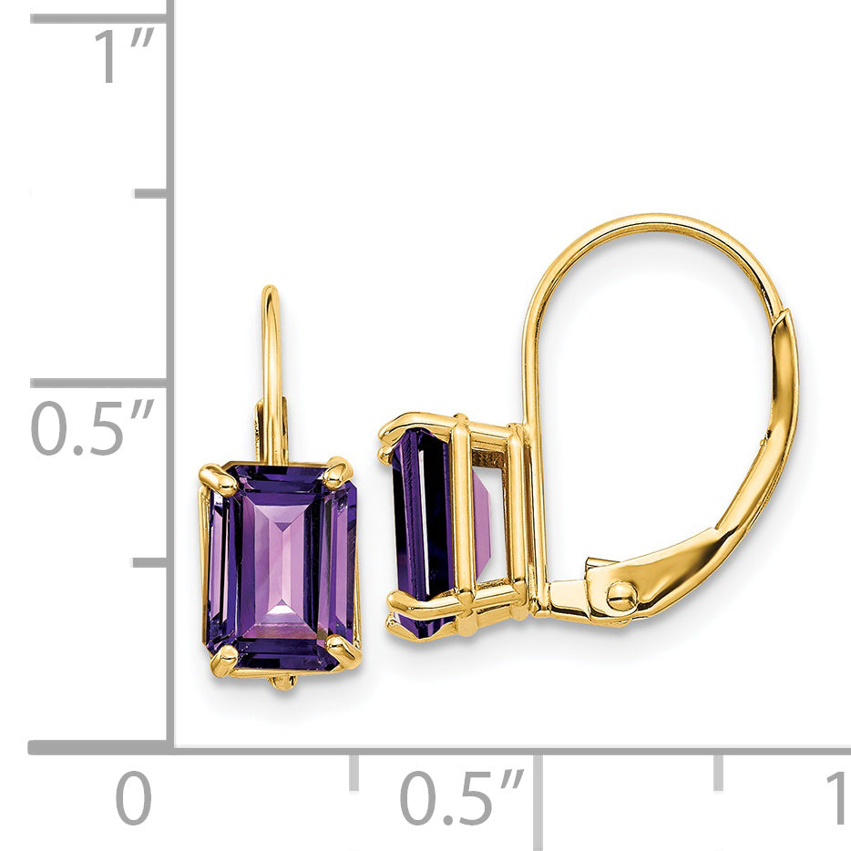 14k 7x5mm Emerald Cut Amethyst Leverback Earrings
