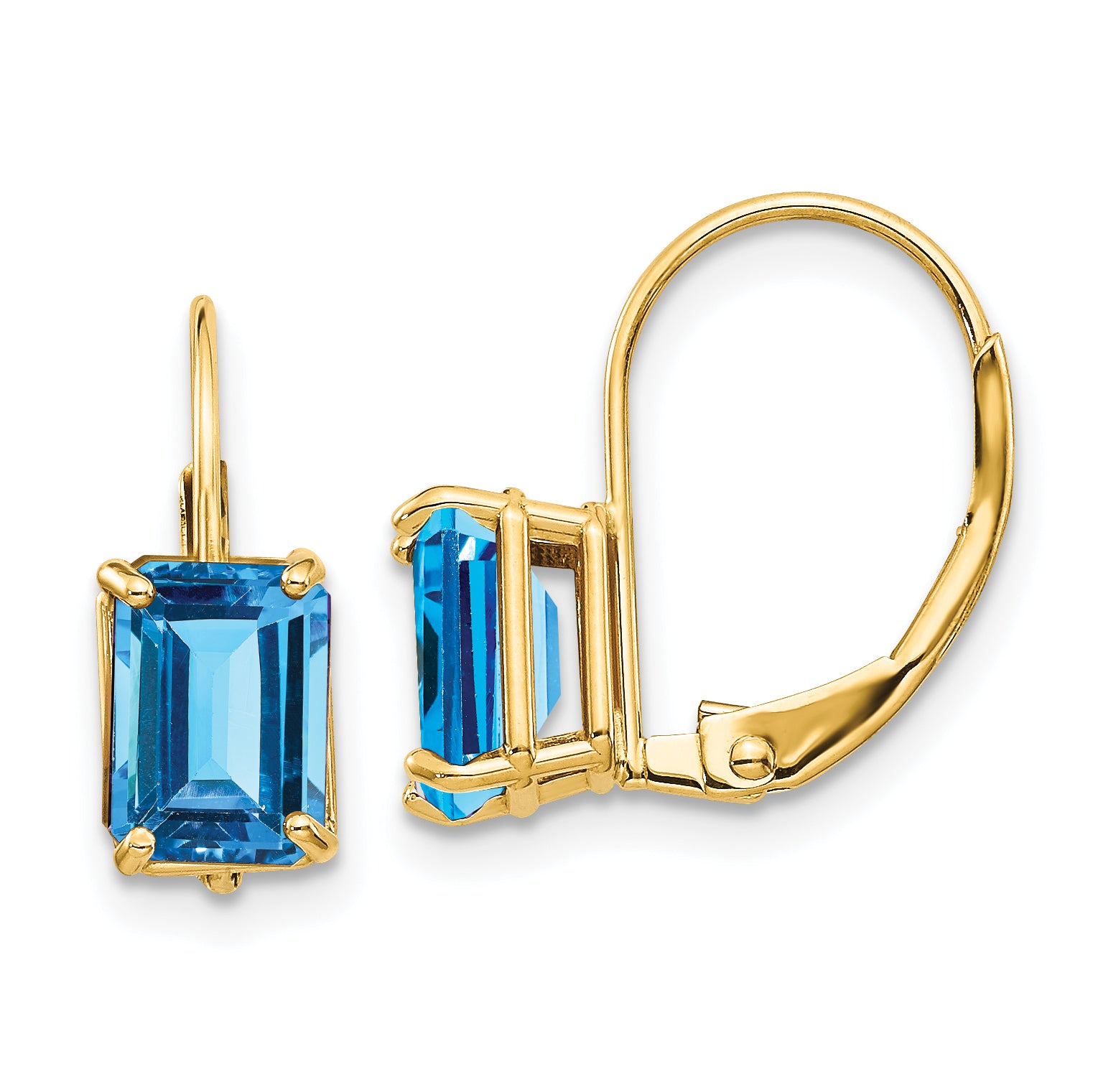 14k 7x5mm Emerald Cut Blue Topaz Leverback Earrings Main image