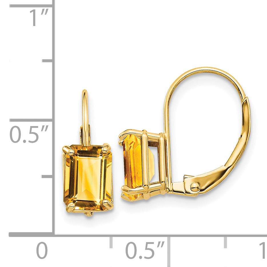 Emerald-Cut Citrine Leverback Earrings in 14K Yellow Gold