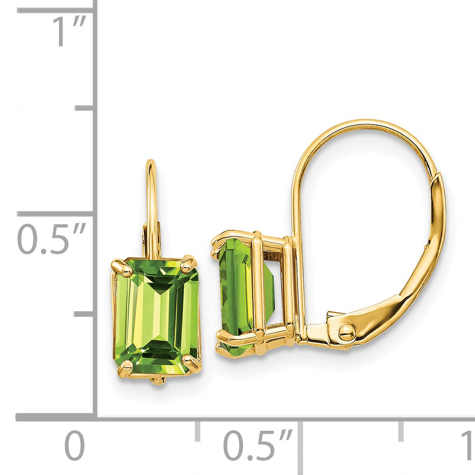 14k 7x5mm Emerald Cut Peridot Leverback Earrings