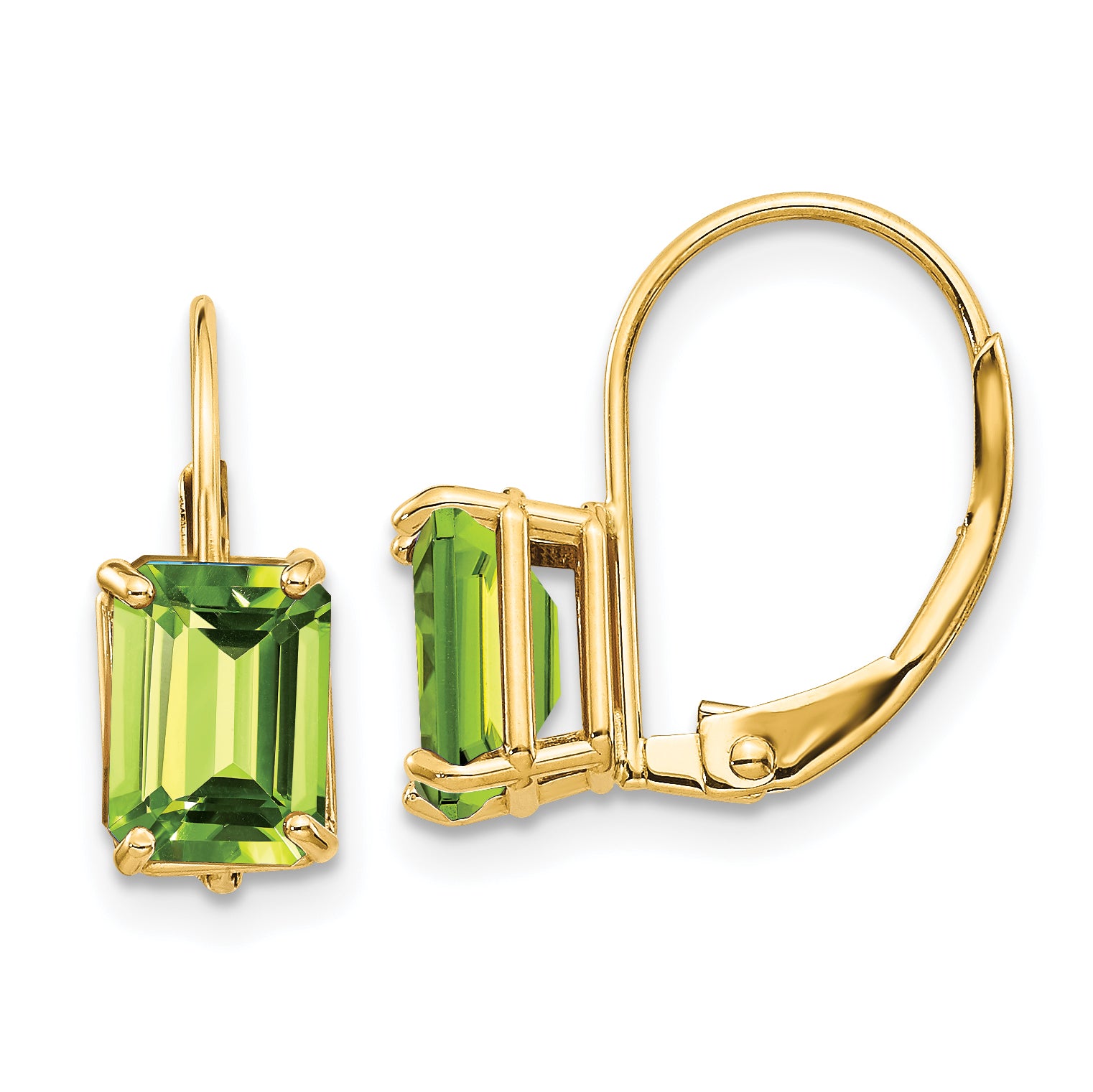 14k 7x5mm Emerald Cut Peridot Leverback Earrings Main image