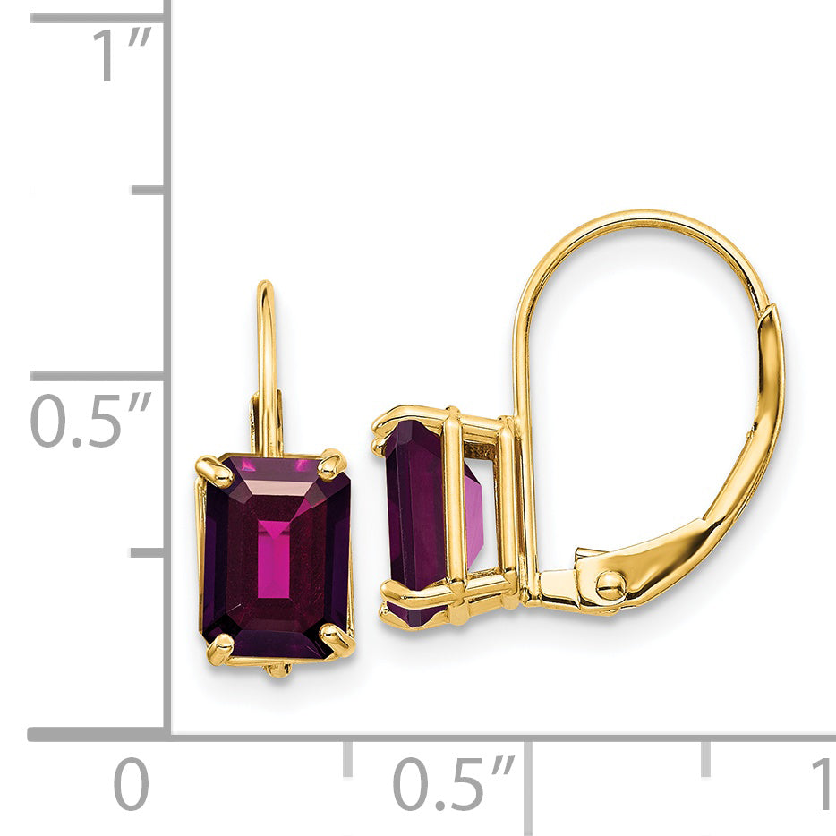 14k 7x5mm Emerald Cut Rhodolite Garnet Leverback Earrings