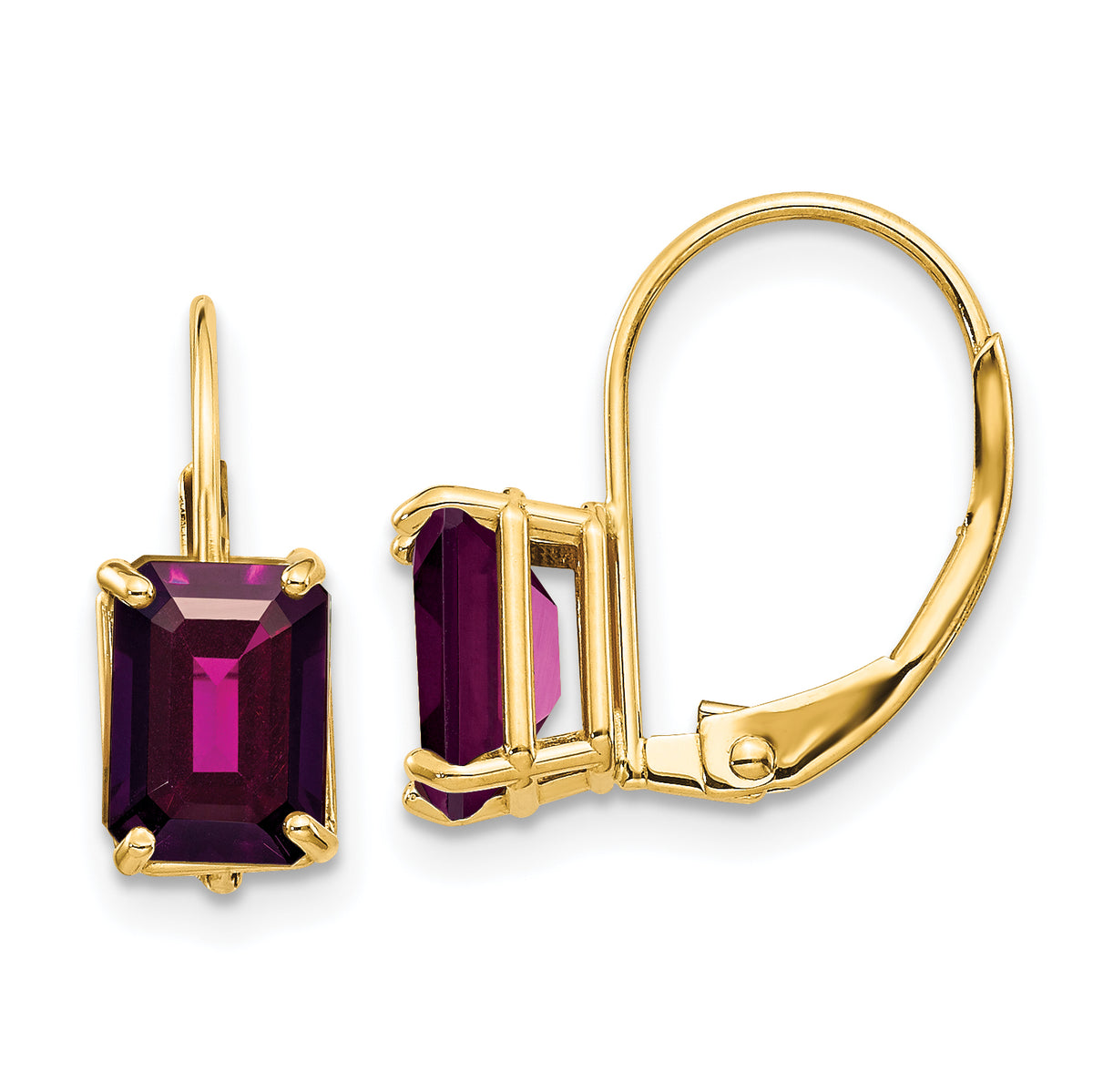 14k 7x5mm Emerald Cut Rhodolite Garnet Leverback Earrings