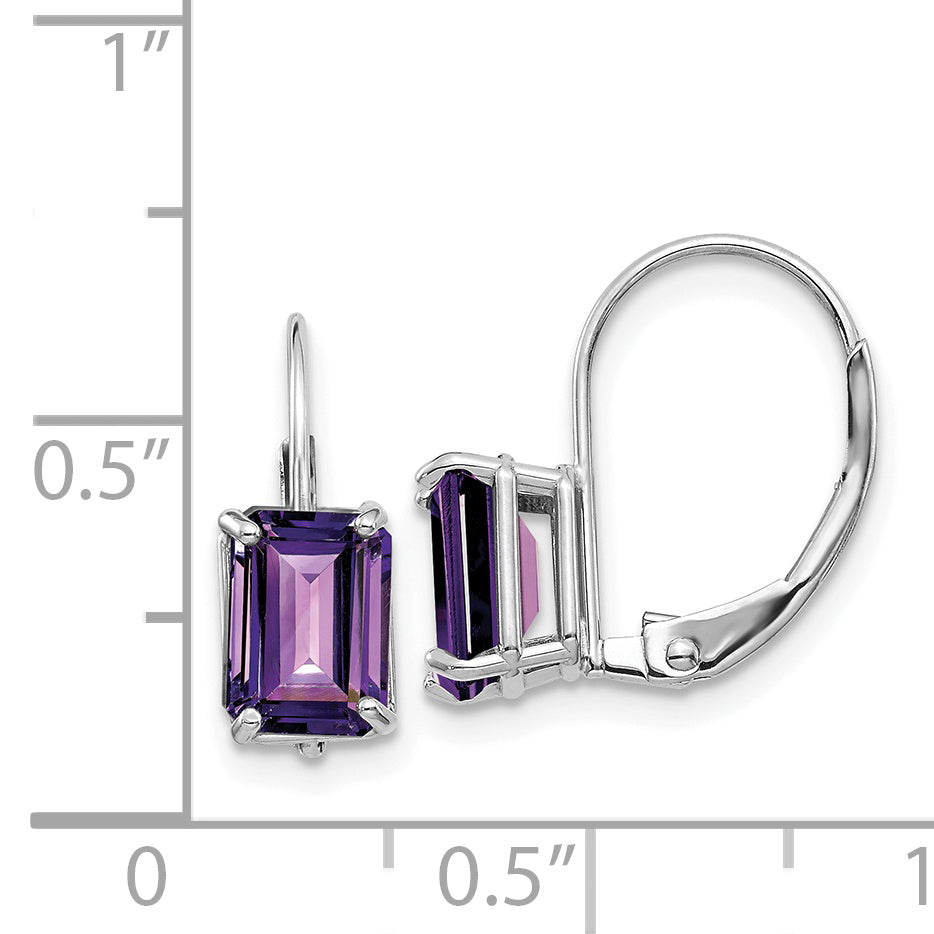 14k White Gold 7x5mm Emerald Cut Amethyst Leverback Earrings