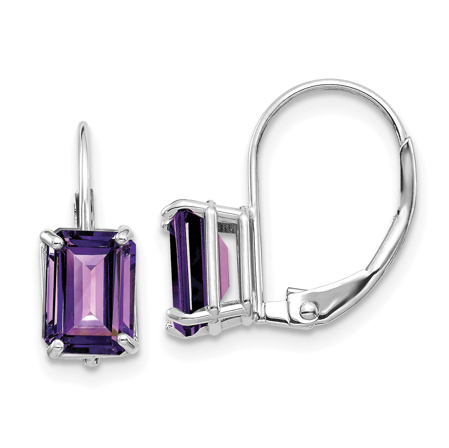 14k White Gold 7x5mm Emerald Cut Amethyst Leverback Earrings Main image