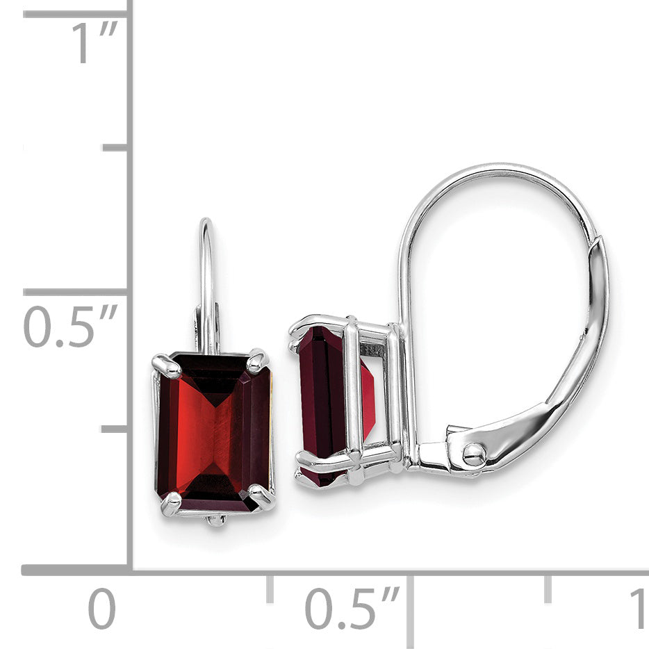 14k White Gold Emerald Cut Garnet Leverback Earrings Secondary image