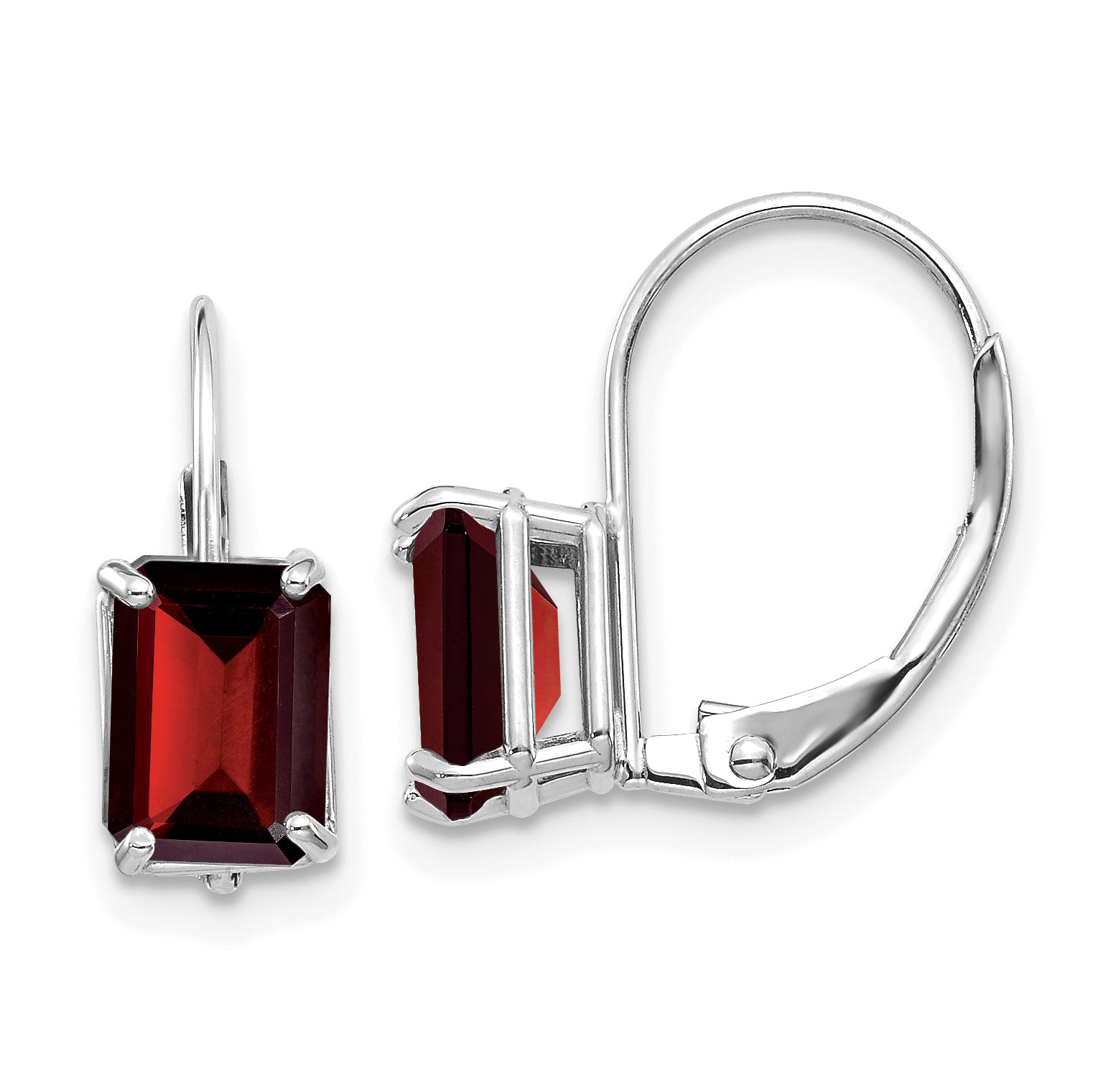 14k White Gold Emerald Cut Garnet Leverback Earrings Main image