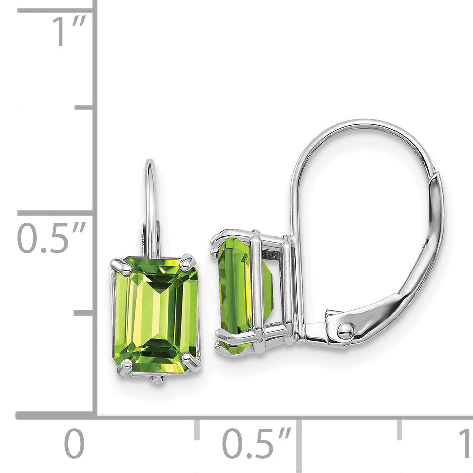 14k White Gold 7x5mm Emerald Cut Peridot Leverback Earrings Secondary image