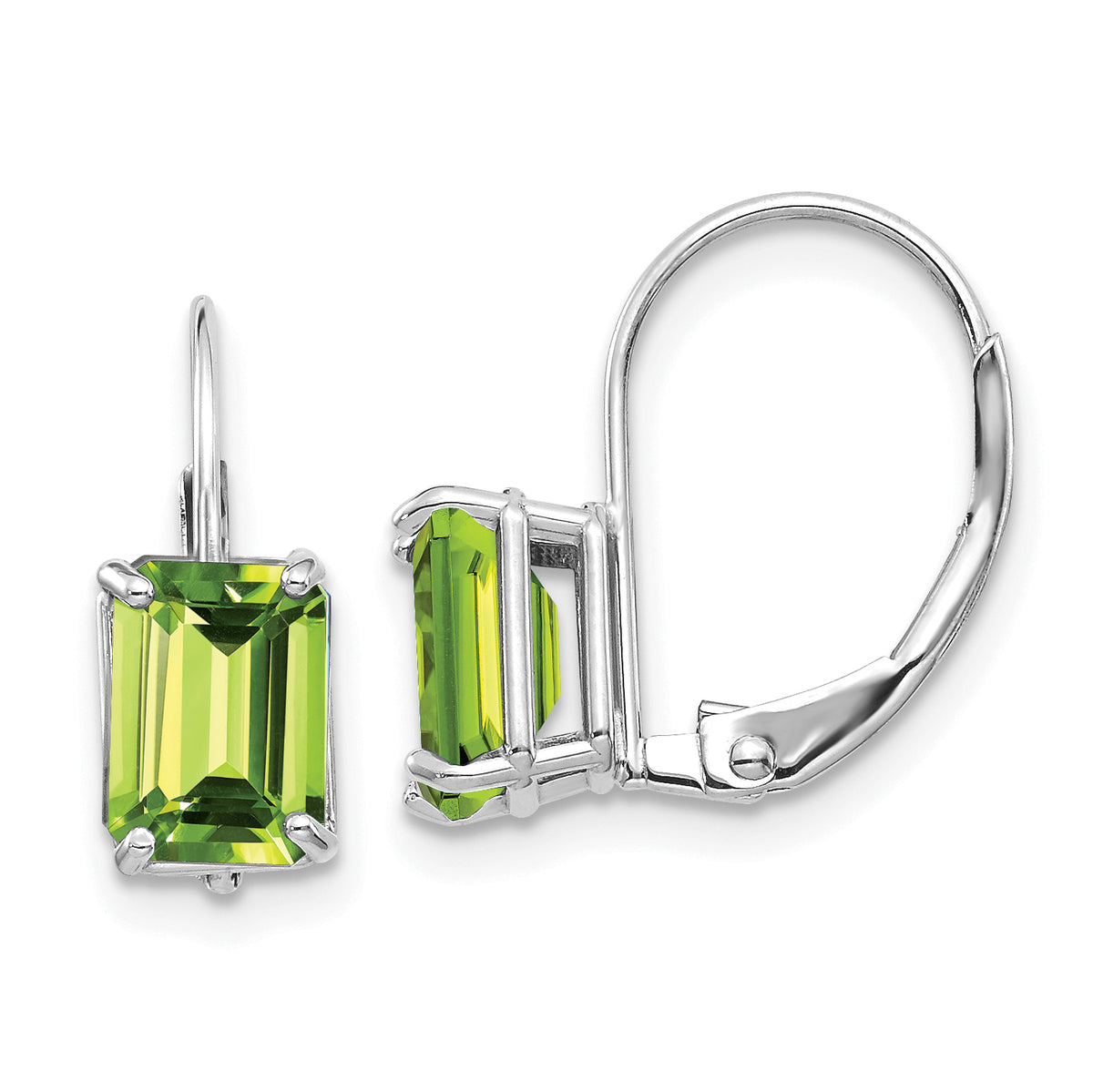 14k White Gold 7x5mm Emerald Cut Peridot Leverback Earrings