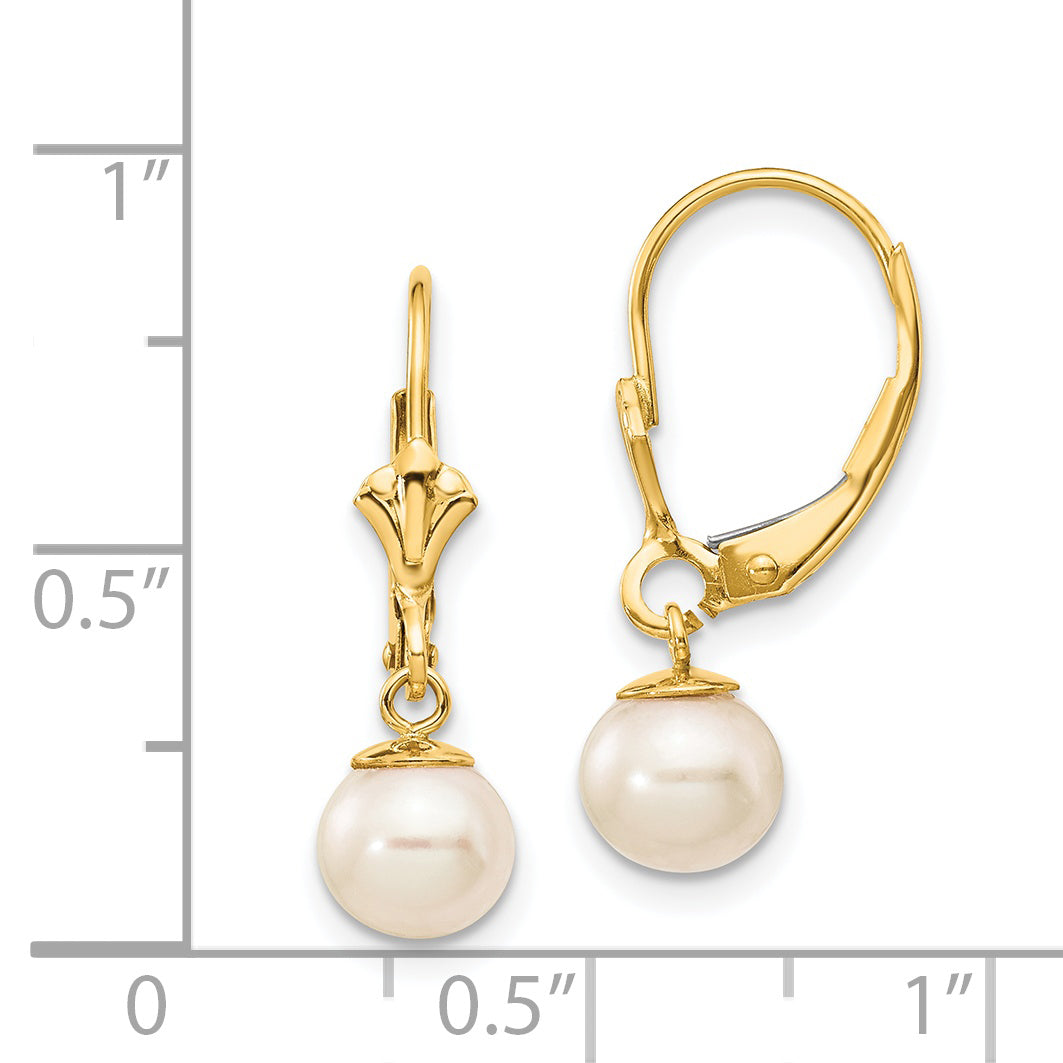 14K 6-7mm White Round Freshwater Cultured Pearl Leverback Earrings