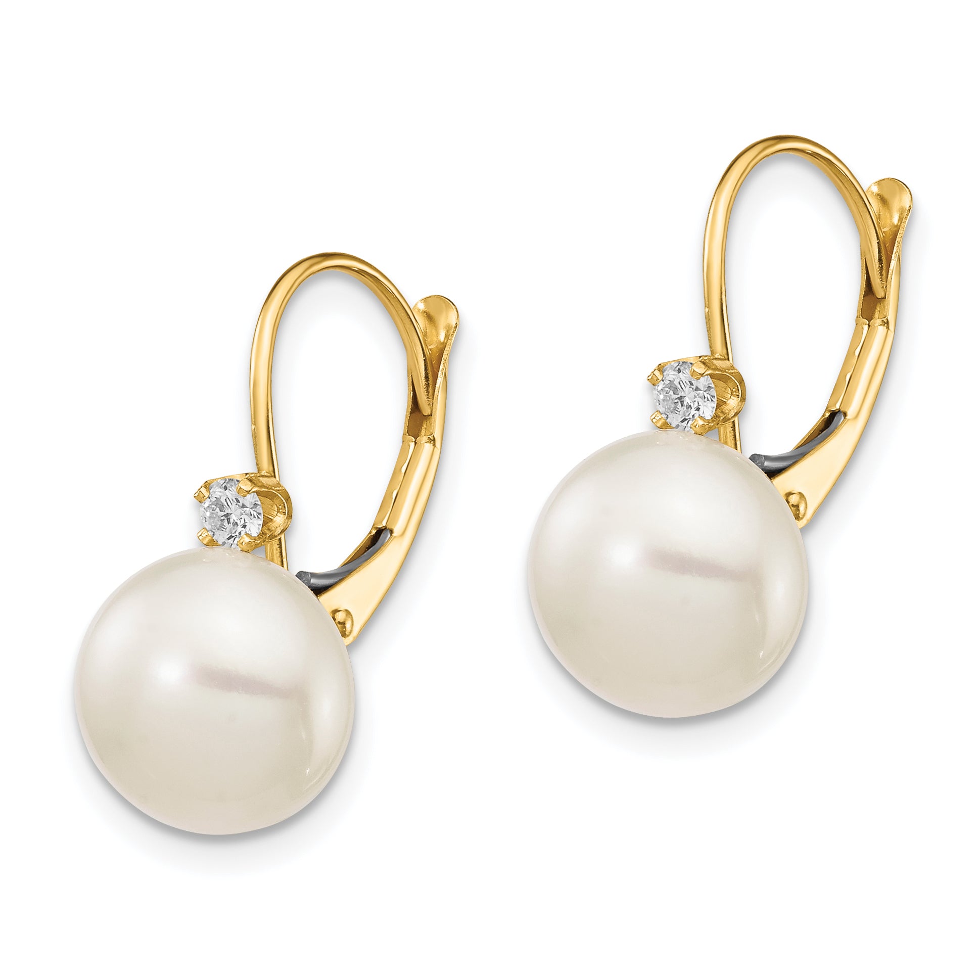 14K 10-11mm White Button FWC Pearl .10ct Diamond Leverback Earrings Secondary image